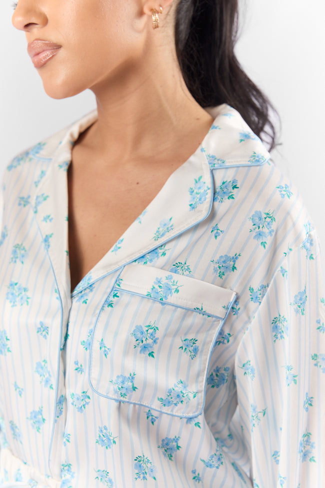 Blue Floral Satin Long Sleeve Pajama Top for Women - Soft Sleepwear for Side Sleepers - Cozy Nightwear for Relaxation & Comfort