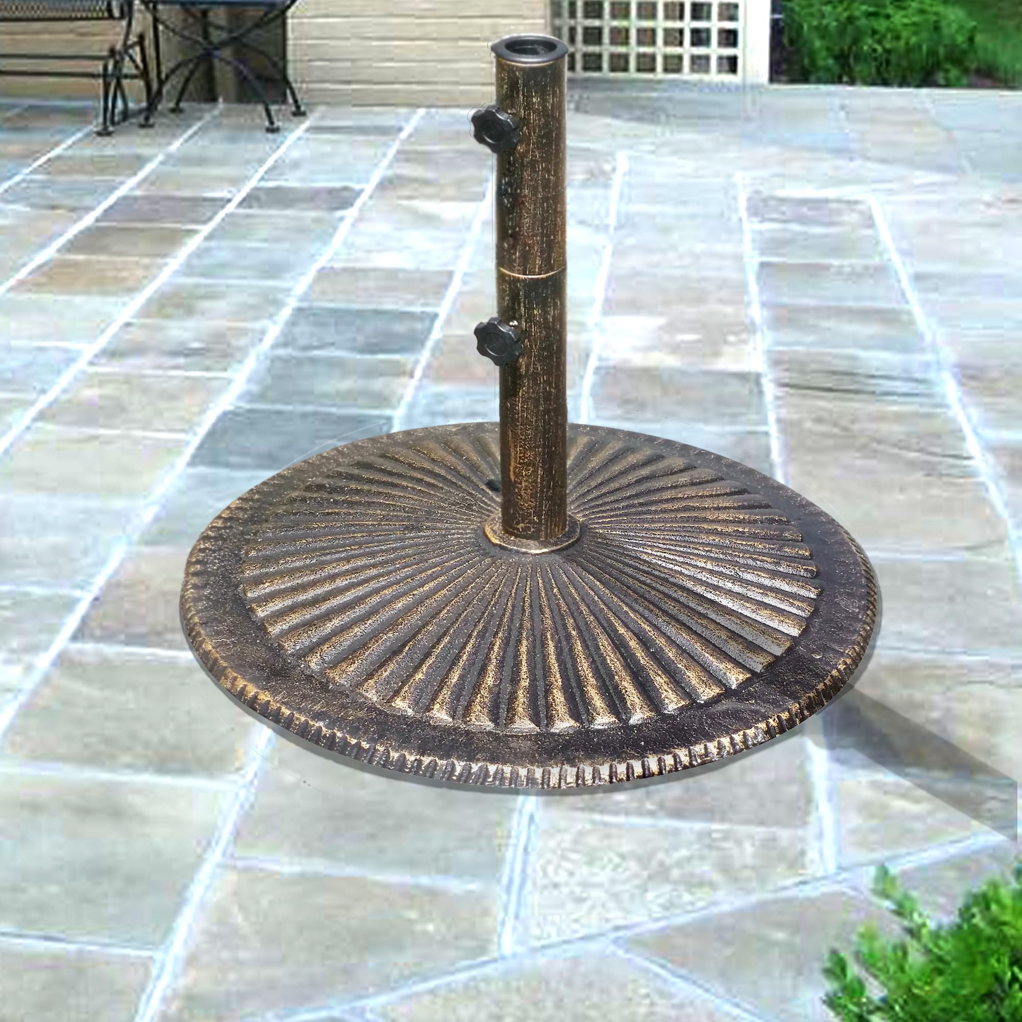 80-lb Classic Bronze Cast Iron Umbrella Base - Heavy Duty Outdoor Patio, Garden, and Poolside Weighted Stand for Market Umbrellas
