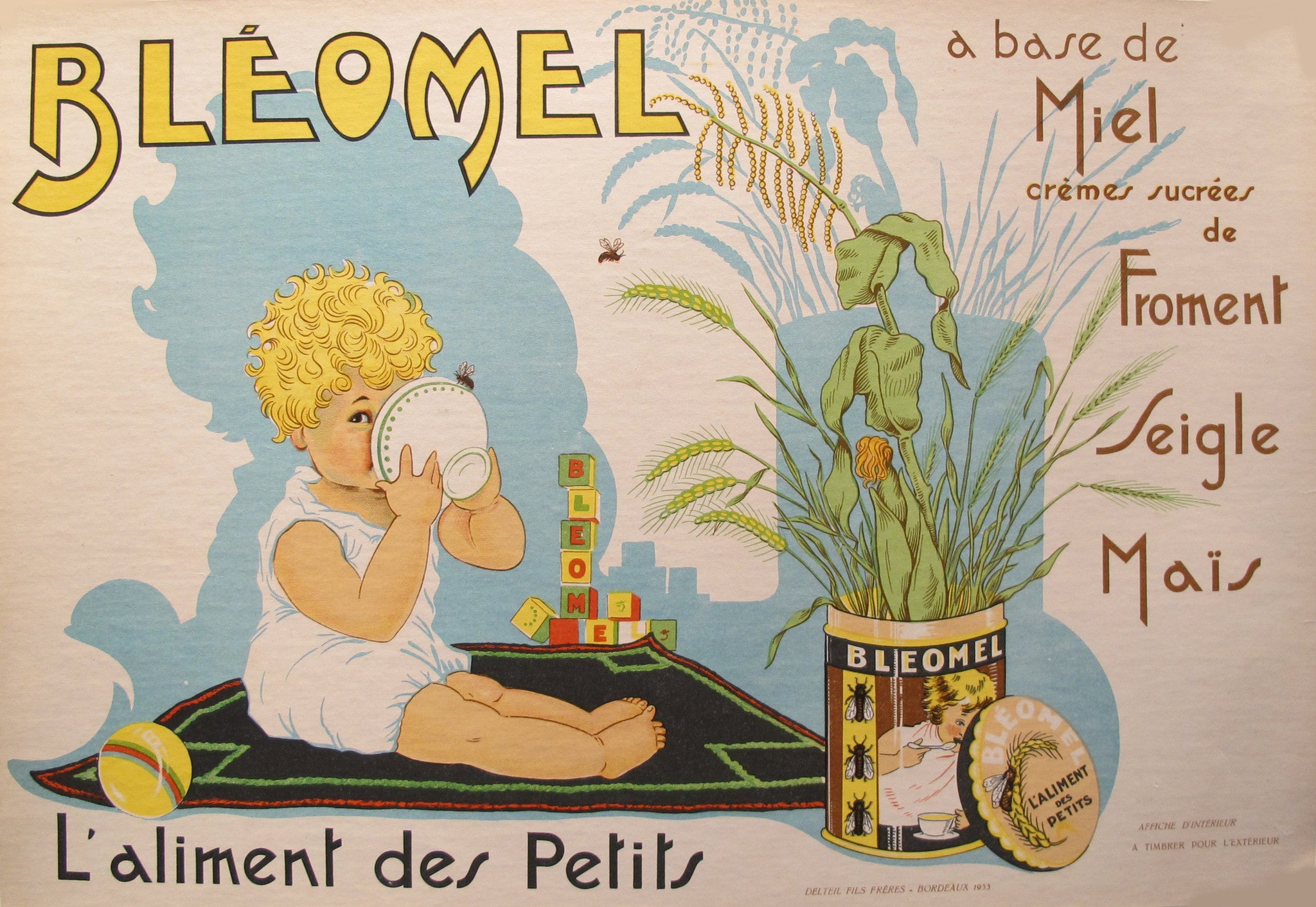 1933 Vintage French Baby Food Poster - Bleomel Children's Food Ad - Perfect for Nursery Decor, Vintage Kitchen Wall Art & Collectible Memorabilia
