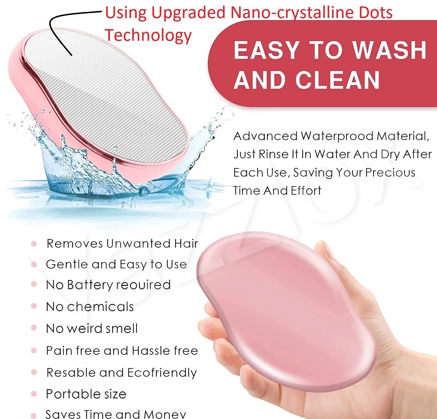 VazzLox Crystal Hair Remover for Women & Men - Upgraded Nano-Crystalline Technology, Painless & Reusable Hair Removal Stone - Best for Smooth Skin at Home, Travel, Spa & Salon Use