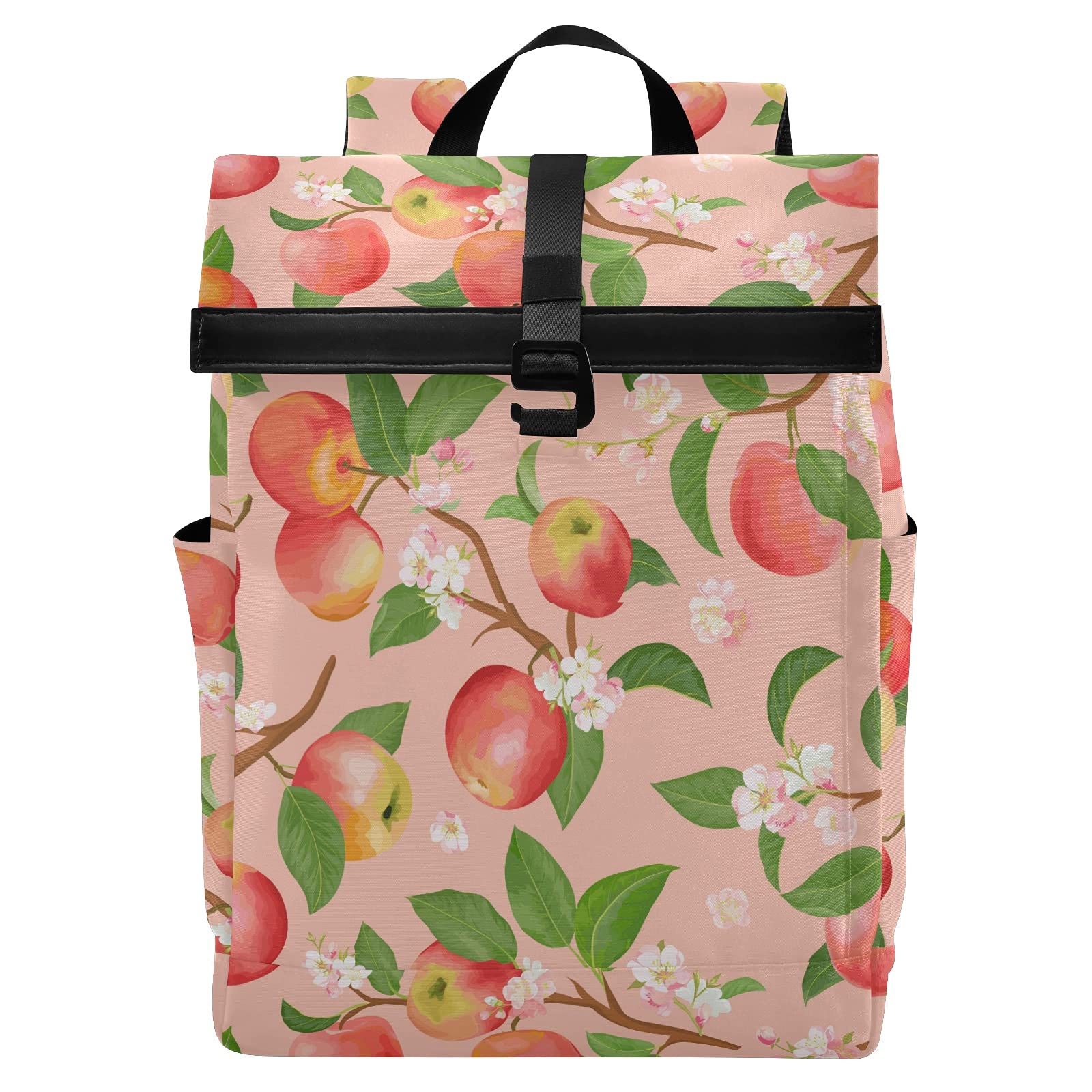 Waterproof Nylon Floral Red Apples Pattern Backpack for Men & Women - Roll-Top 17.3 Inch Laptop Daypack for Work, Travel, College & School - Casual Watercolor Design for Everyday Use