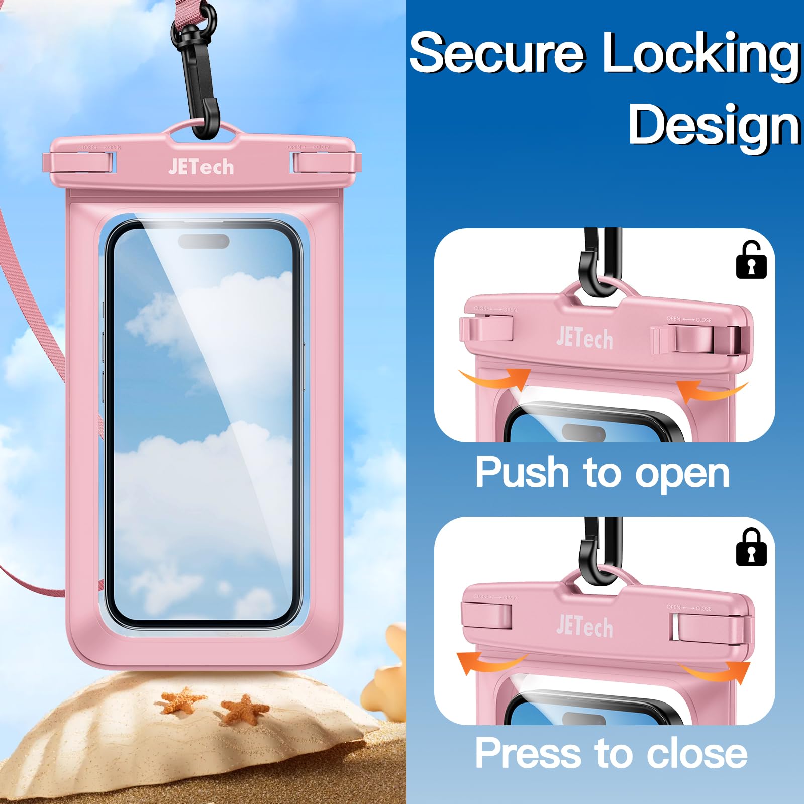 JETech Waterproof Phone Pouch 2 Pack - IPX8 Waterproof Case for iPhone 16/15/14/13 Pro Max & Galaxy S24/S23 Ultra (Up to 7.2 Inch) with Lanyard - Perfect for Swimming, Beach, Kayaking & Outdoor Activities (Black+Pink)