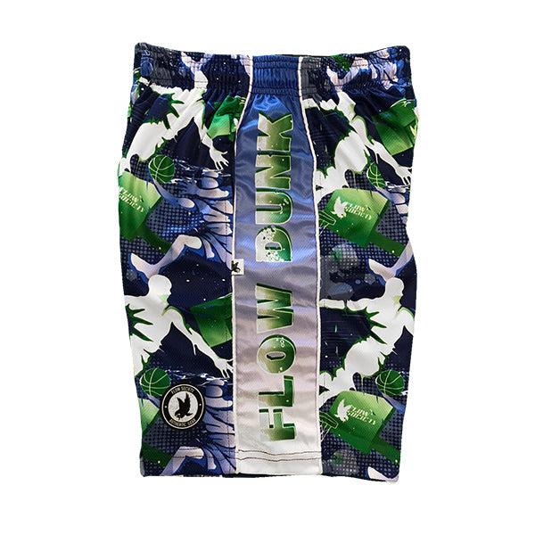 Boys' Flow Dunk Blue & Green Basketball Shorts - Lightweight Breathable Athletic Shorts for Kids - Perfect for Basketball, Running, and Casual Wear