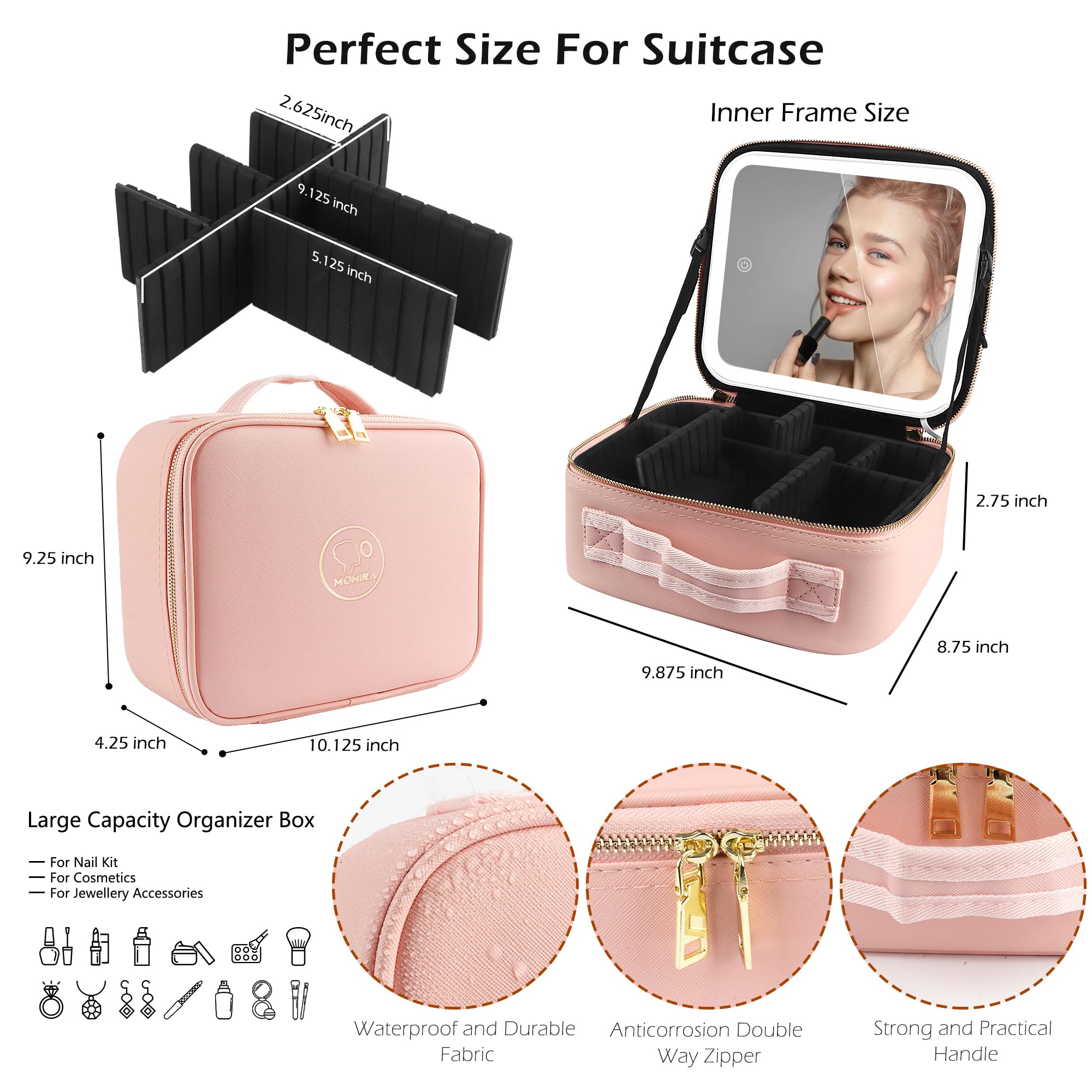 Premium MOMIRA Travel Makeup Bag with LED Mirror - Waterproof Cosmetic Organizer, Adjustable Brightness, 3 Lighting Modes - Perfect for Travel, Home & Salon Use - Ideal Gift for Makeup Lovers