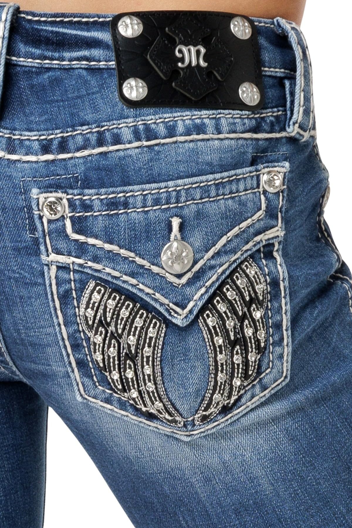 Miss Me Women's Low-Rise Skinny Jeans with Leather Shadow Wings - Stylish Distressed Denim Pants for Casual Wear & Night Out