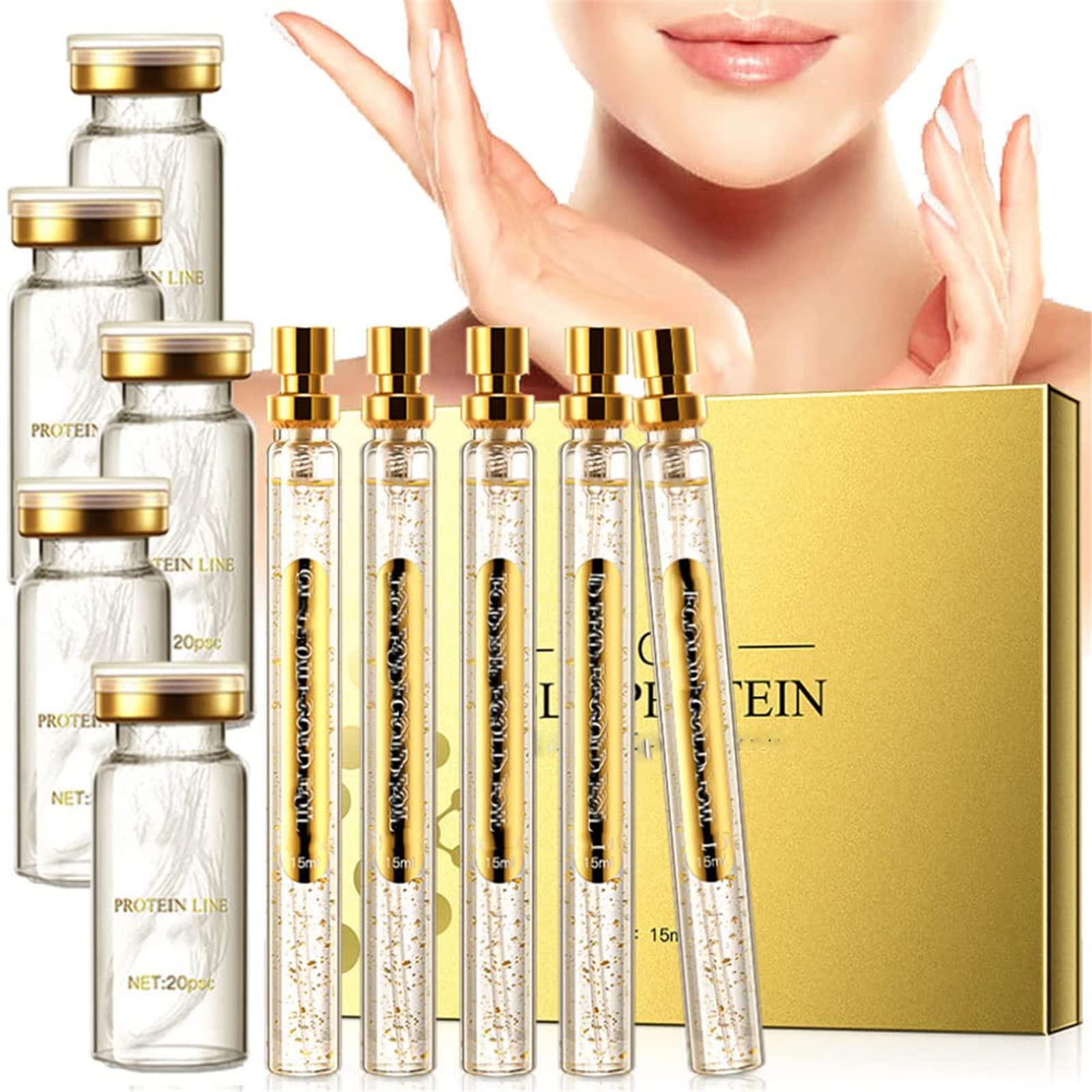 InstaLift Soluble Protein Thread Lifting Set with Nano Gold Essence - Anti-Aging Collagen Face Serum & Absorbable Silk Threads for Wrinkle Reduction (1 Set + 5 Bottles) | At-Home Facial Rejuvenation & Skin Tightening Treatment