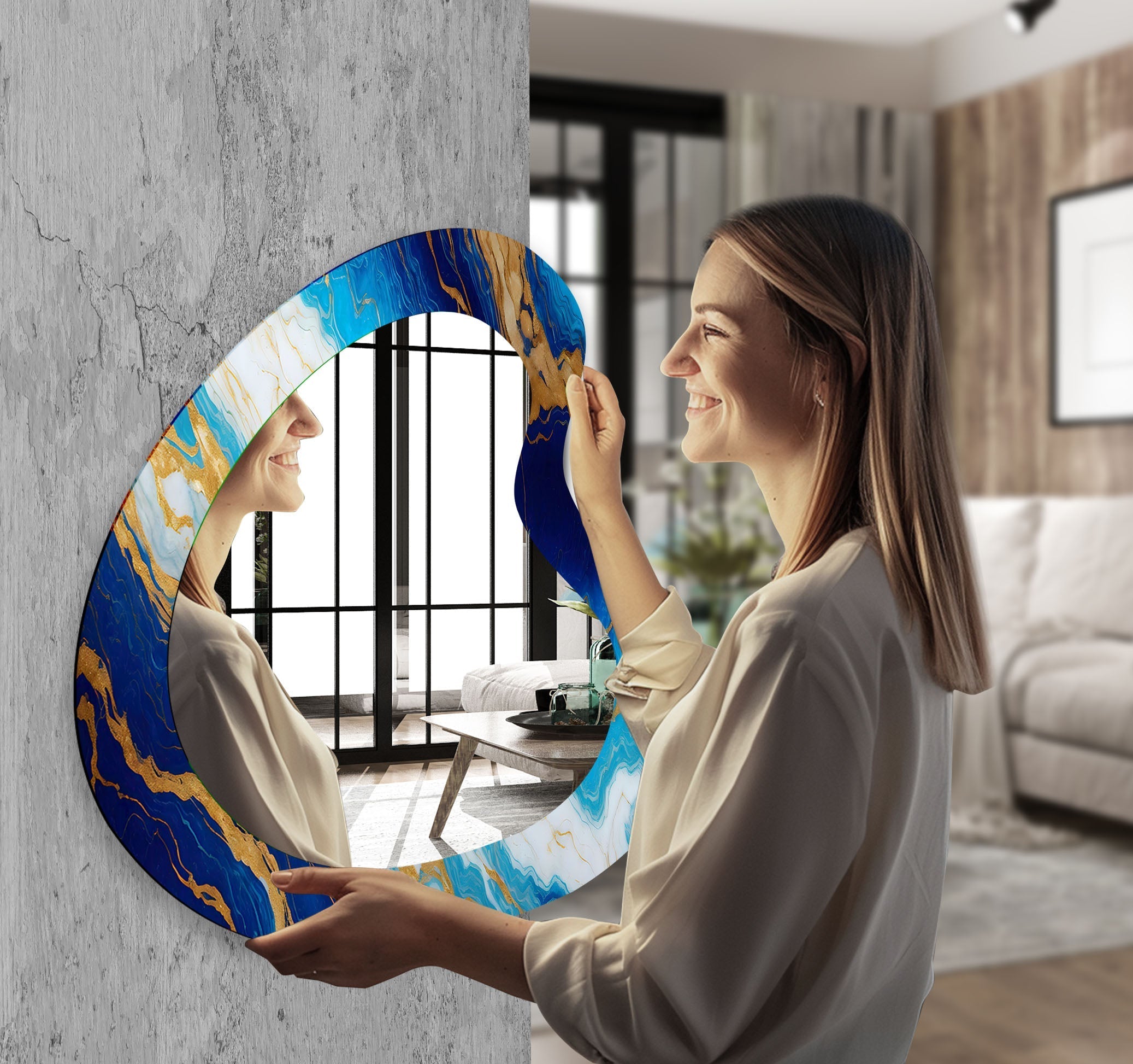 Blue Marble Aesthetic Glass Wall Mirror - Elegant Home Decor for Bedroom, Living Room & Bathroom | Perfect for Vanity, Dressing Area & Interior Design