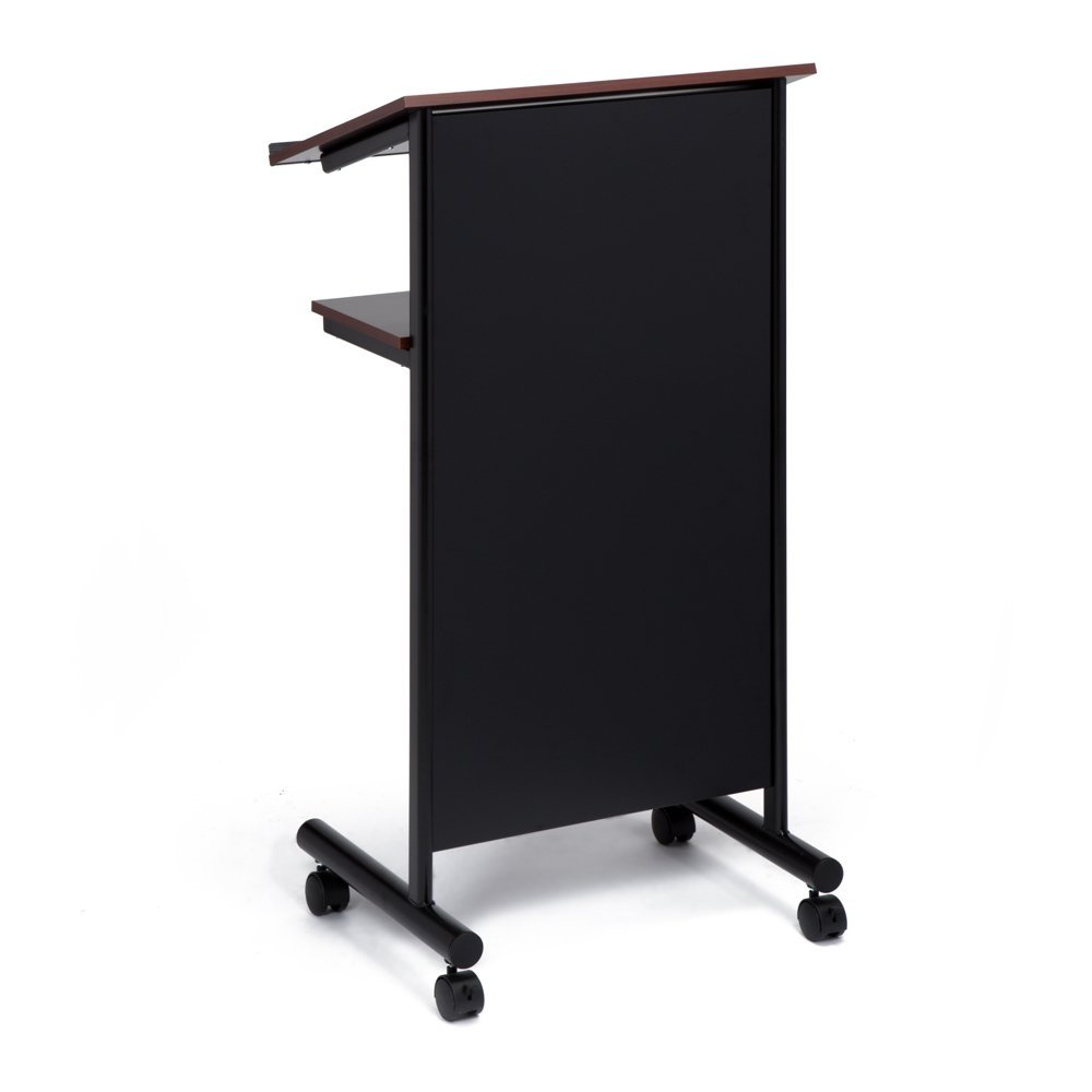 Professional Wheeled Lectern Podium with Storage Shelf - Adjustable Standing Desk for Presentations & Laptop Use - Cherry/Black Finish - Perfect for Conference Rooms, Classrooms & Home Offices