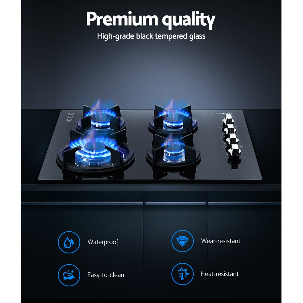 Devanti 60cm Black Gas Cooktop Stove Hob - 4 Burner Gas Stove for Kitchen, Perfect for Home Cooking & Professional Chefs