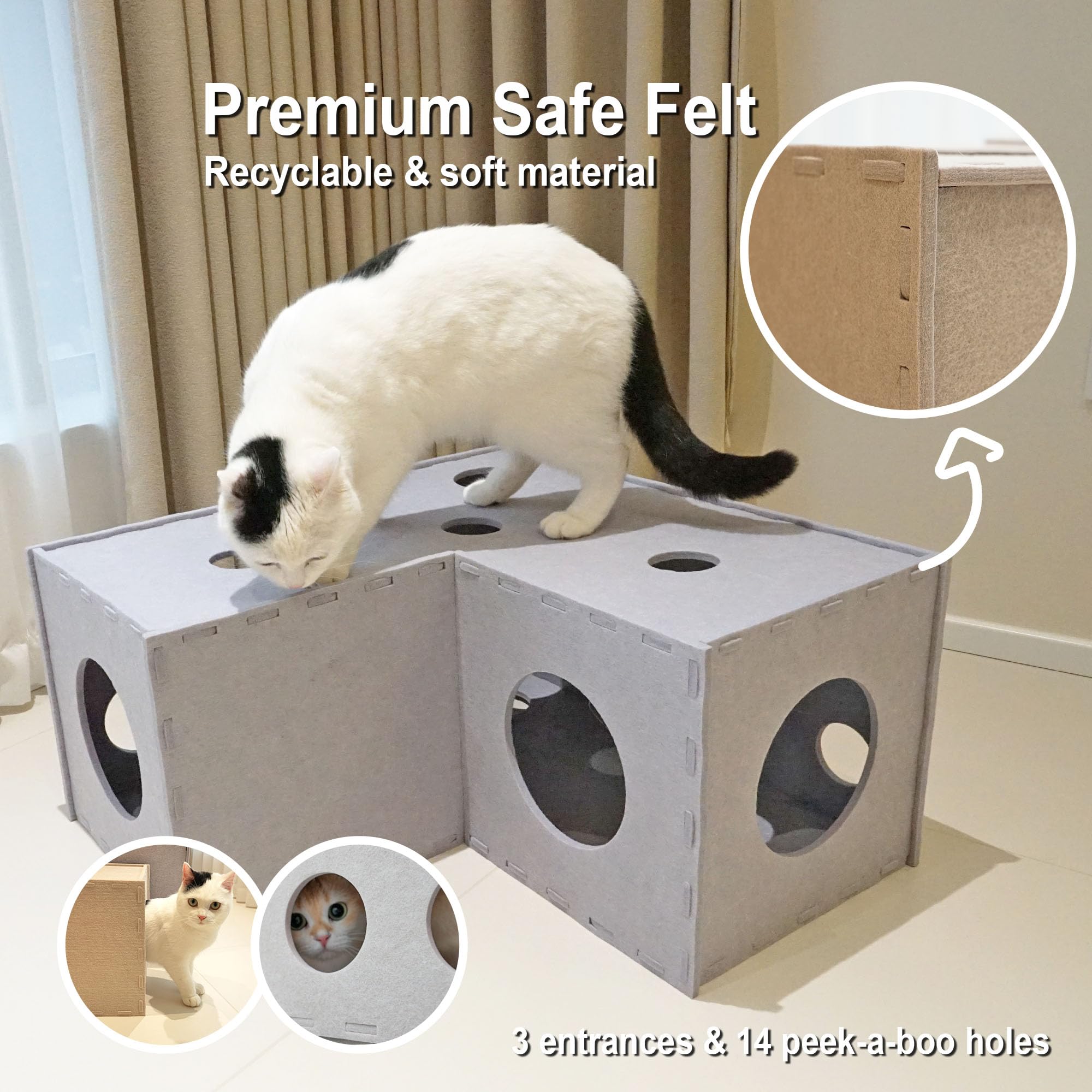 Aberatail Cat Tunnel & Hideaway - Soft Felt Interactive Cat Toy with Peek Holes, Cat Cave & Cube for Small, Medium & Large Indoor Cats - Perfect for Playtime, Napping & Stress Relief