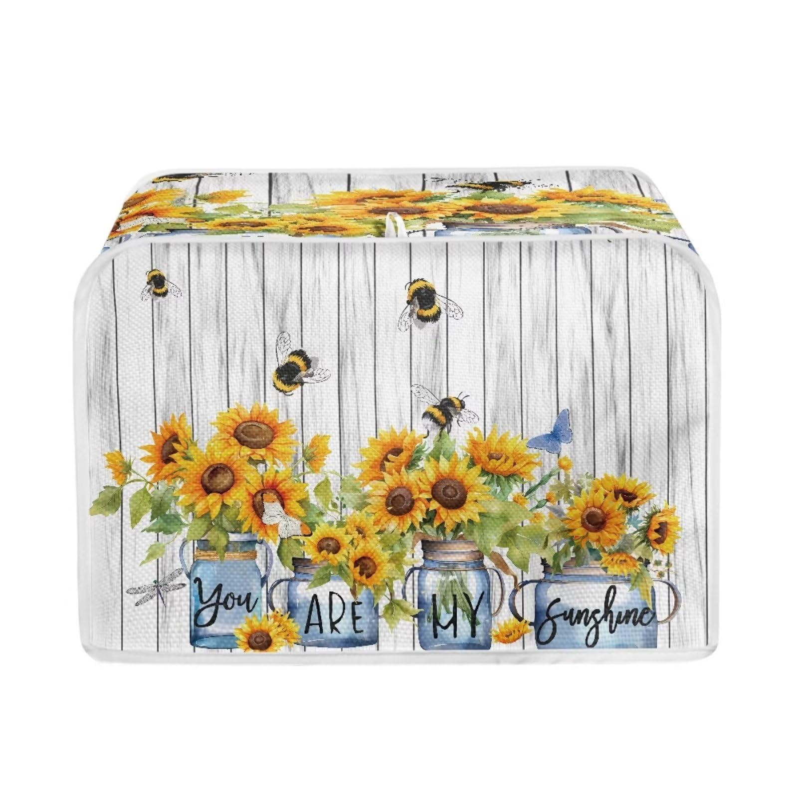 Sunflower Toaster Cover for 4-Slice Toaster Oven - Farmhouse Style Kitchen Appliance Cover with Bee & Wooden Stripes Design, Polyester Dust Protector for Bread Machine - Perfect for Rustic Kitchens & Summer Decor