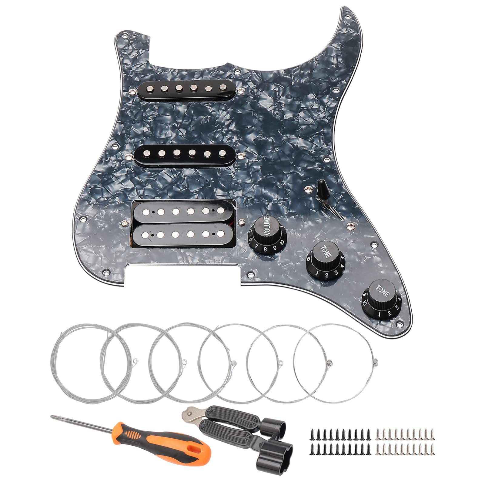 11 Hole Loaded Guitar Pickguard SSH with Black Humbucker Pickup - Prewired Scratch Plate Set for Fender Stratocaster (3-Ply Black Pearl) - Includes Guitar Strings & Installation Tools - Perfect for Electric Guitar Upgrades & DIY Repairs