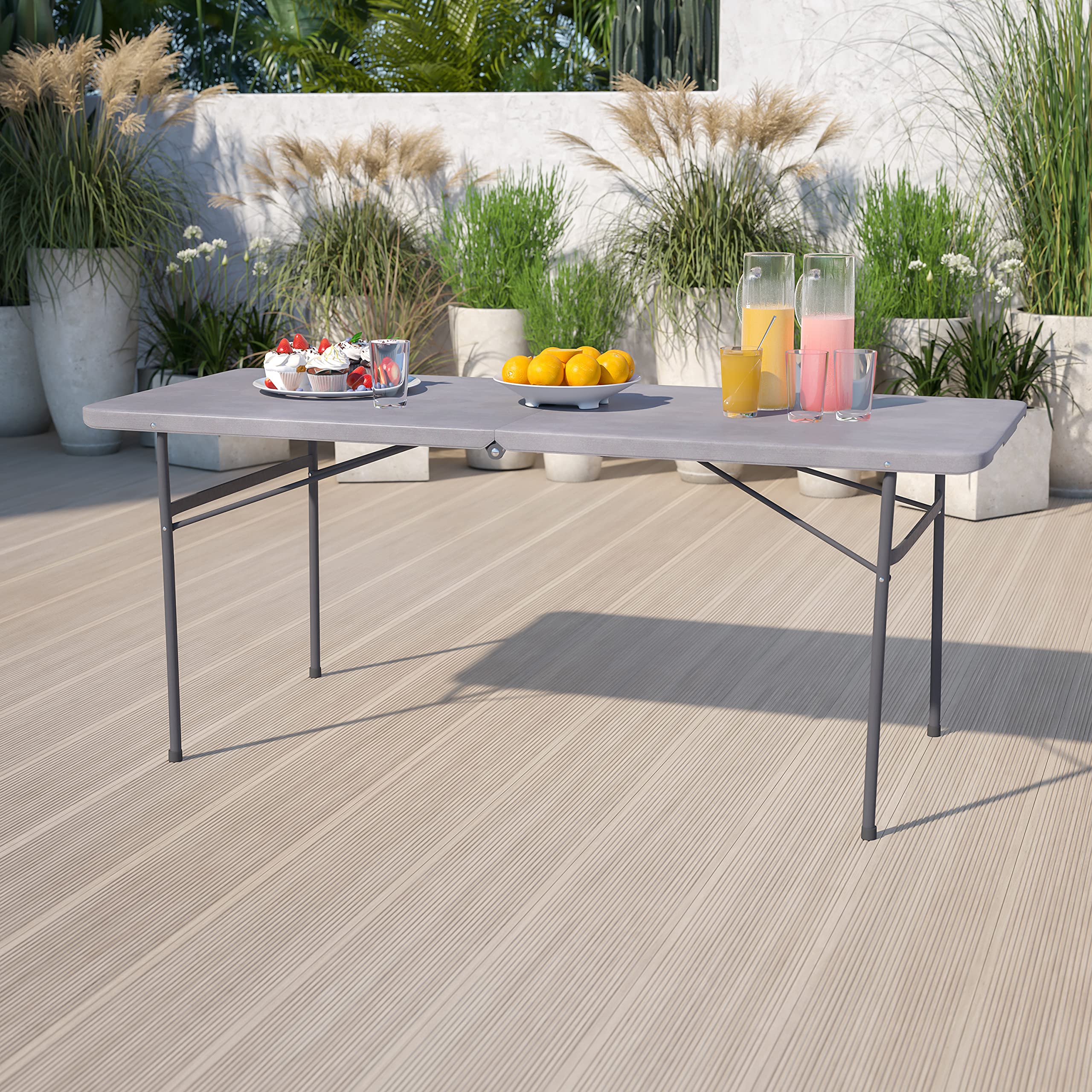 6-Foot Bi-Fold Dark Gray Plastic Folding Table with Carrying Handle - Portable & Sturdy for Parties, Events, Camping & Home Use