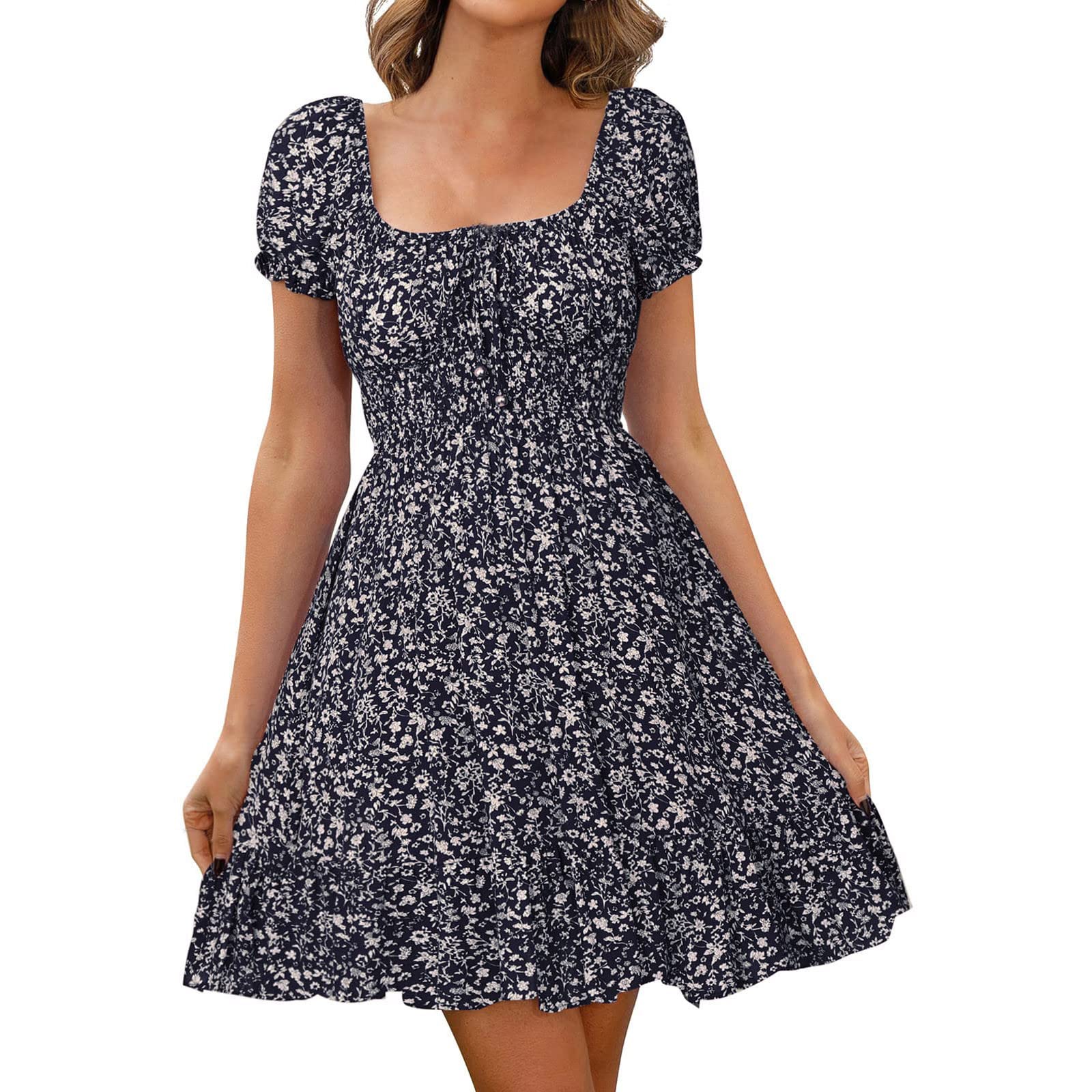 Women's Floral Summer Dress - High Waist Puff Sleeve Retro Tunic with Square Neckline | Beach Vacation Outfit, Casual Mini Dress for Ladies | Perfect for Pool Parties, Tropical Getaways & Date Nights