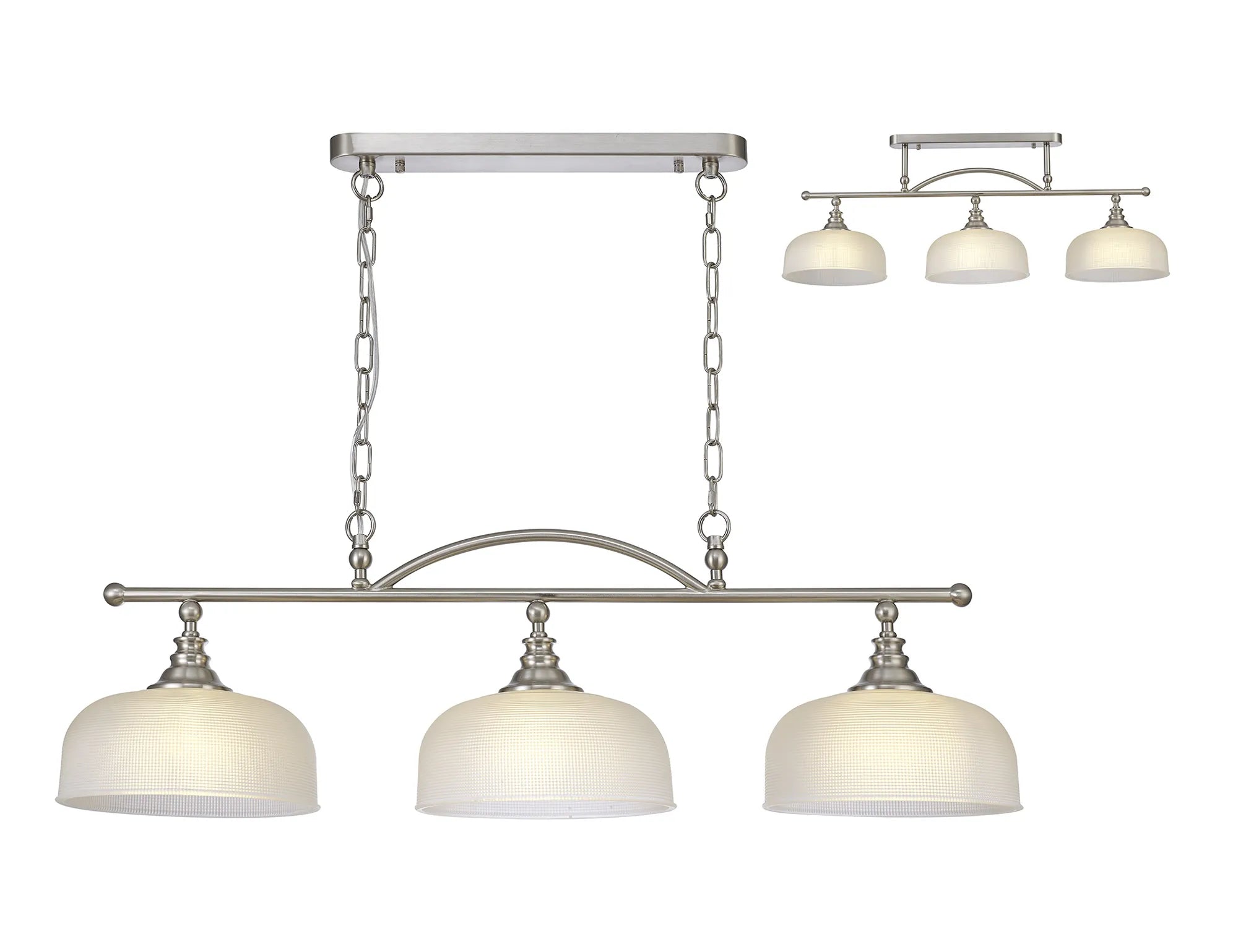Cleron Semi Flush Mount Ceiling Light - Adjustable 2/3 Light Kitchen Lighting Fixture with E27 Socket in Satin Nickel, Polished Nickel & Antique Brass Finish - Prismatic Glass Shade for Dining Room, Bedroom or Hallway Lighting