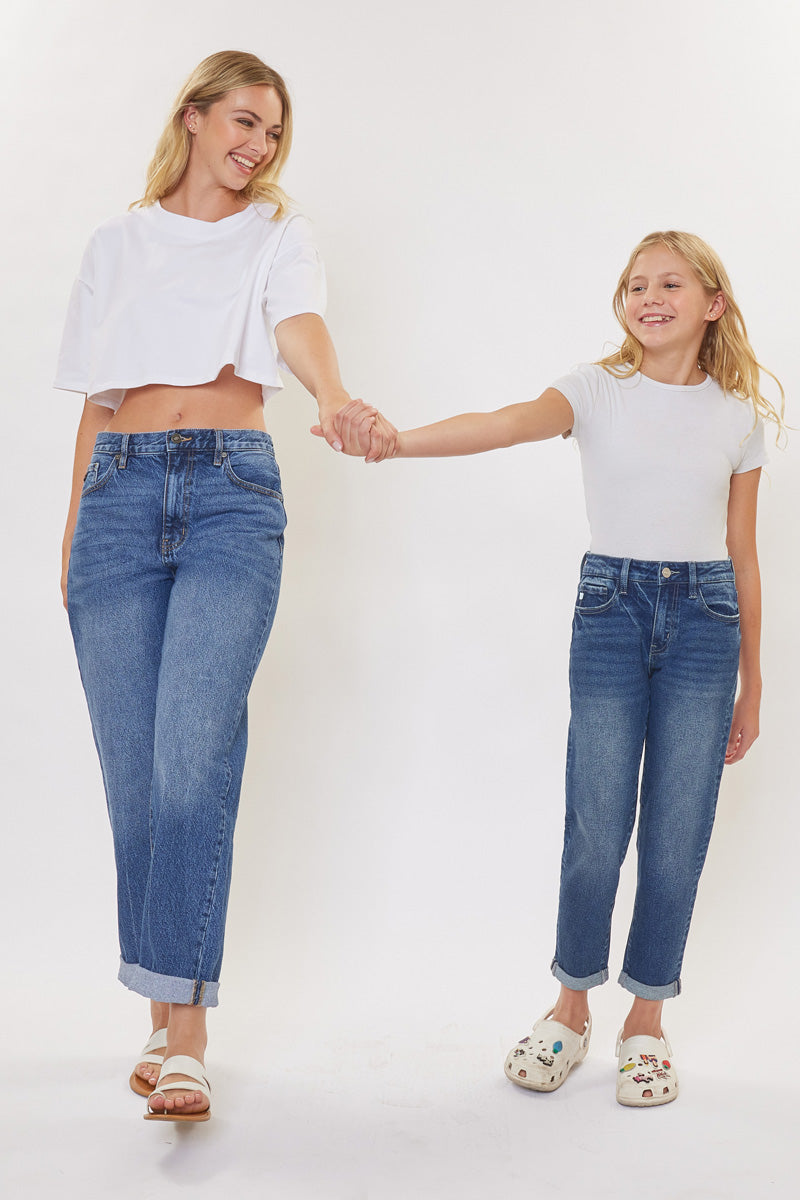 Halo Mid Rise Mini Mom Kid Jeans - Comfortable Stretch Denim Pants for Girls | Perfect for School, Play & Everyday Wear