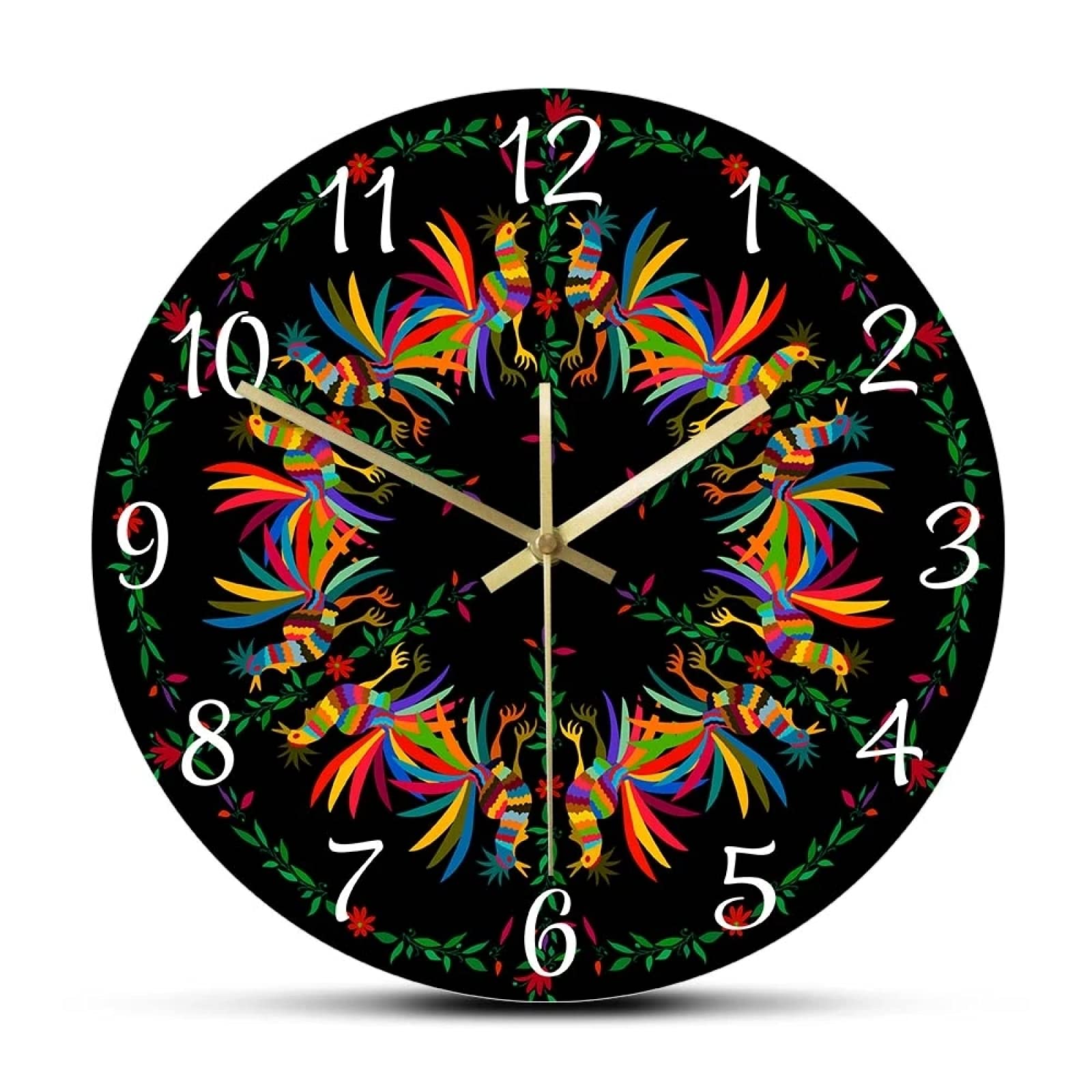 Vibrant Jungle Animals Otomi Wall Clock - Colorful Roosters Mexican Folk Art Decor, Silent Non-Ticking, Mediterranean Style Home & Office Decoration - Perfect for Living Room, Bedroom, Kitchen or Nursery