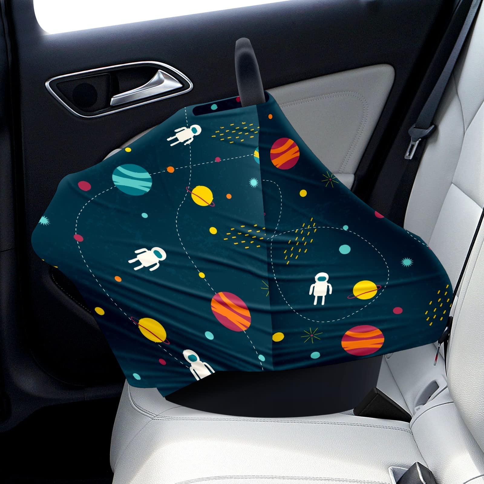 Universal Baby Car Seat & Stroller Cover with Outer Space Planets Design - Soft Stretchy Nursing Cover for New Moms - Breathable Infant Car Canopy for Boys & Girls - Perfect for Travel, Breastfeeding, and Outdoor Protection