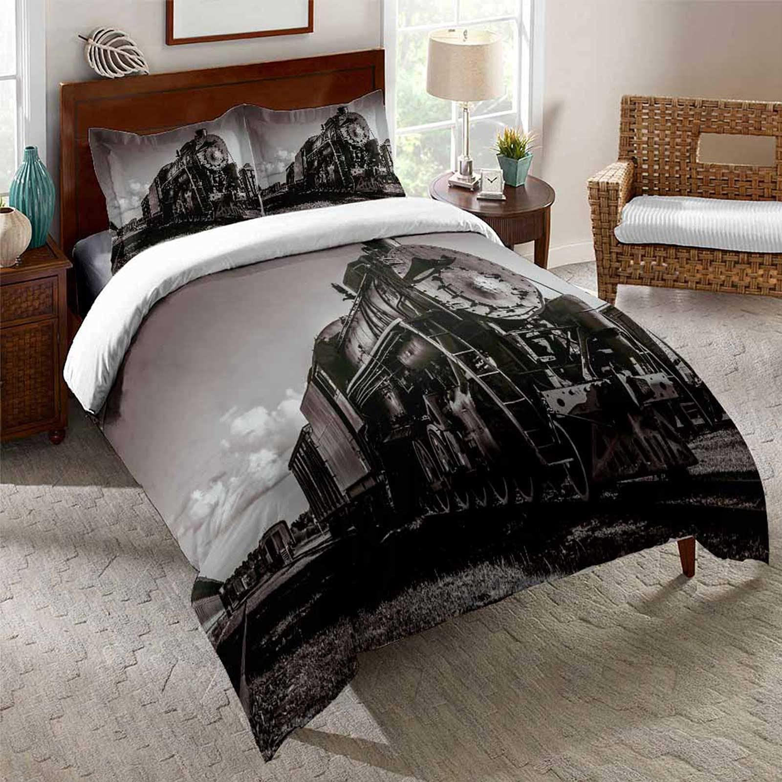 Vintage Train Duvet Cover Set - Countryside Scenery Steam Train Illustration Comforter Cover with 2 Pillow Cases | Soft & Comfortable Steam Engine Bedding for Adults, Teens & Kids (Twin 68