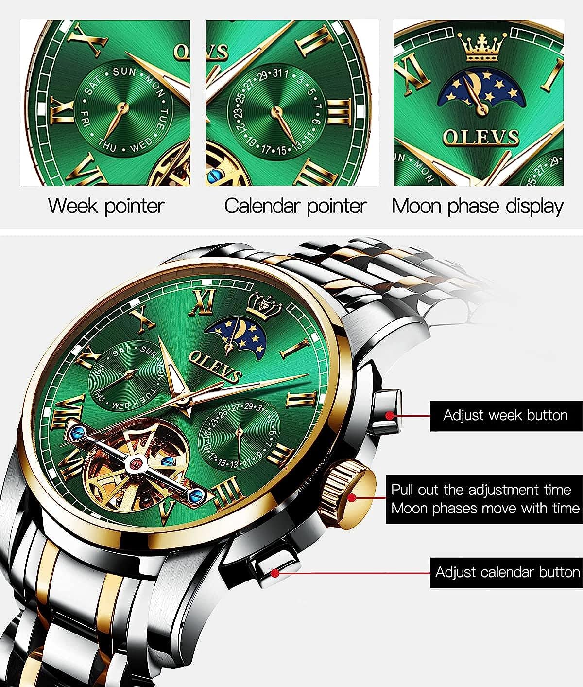 OLEVS Men's Automatic Mechanical Tourbillon Watch - Self-Winding Luxury Stainless Steel Waterproof Wristwatch with Luminous Hands & Date Display | Perfect for Business, Formal Events & Everyday Wear