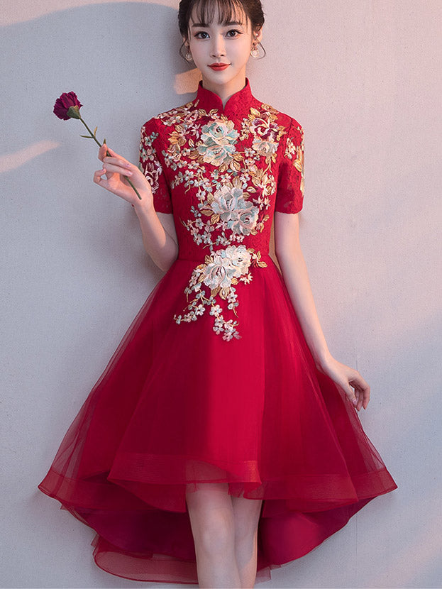 Elegant Red Applique High-Low Hem Qipao Cheongsam Dress for Women | Traditional Chinese Style Evening Gown | Perfect for Weddings, Parties, and Special Occasions
