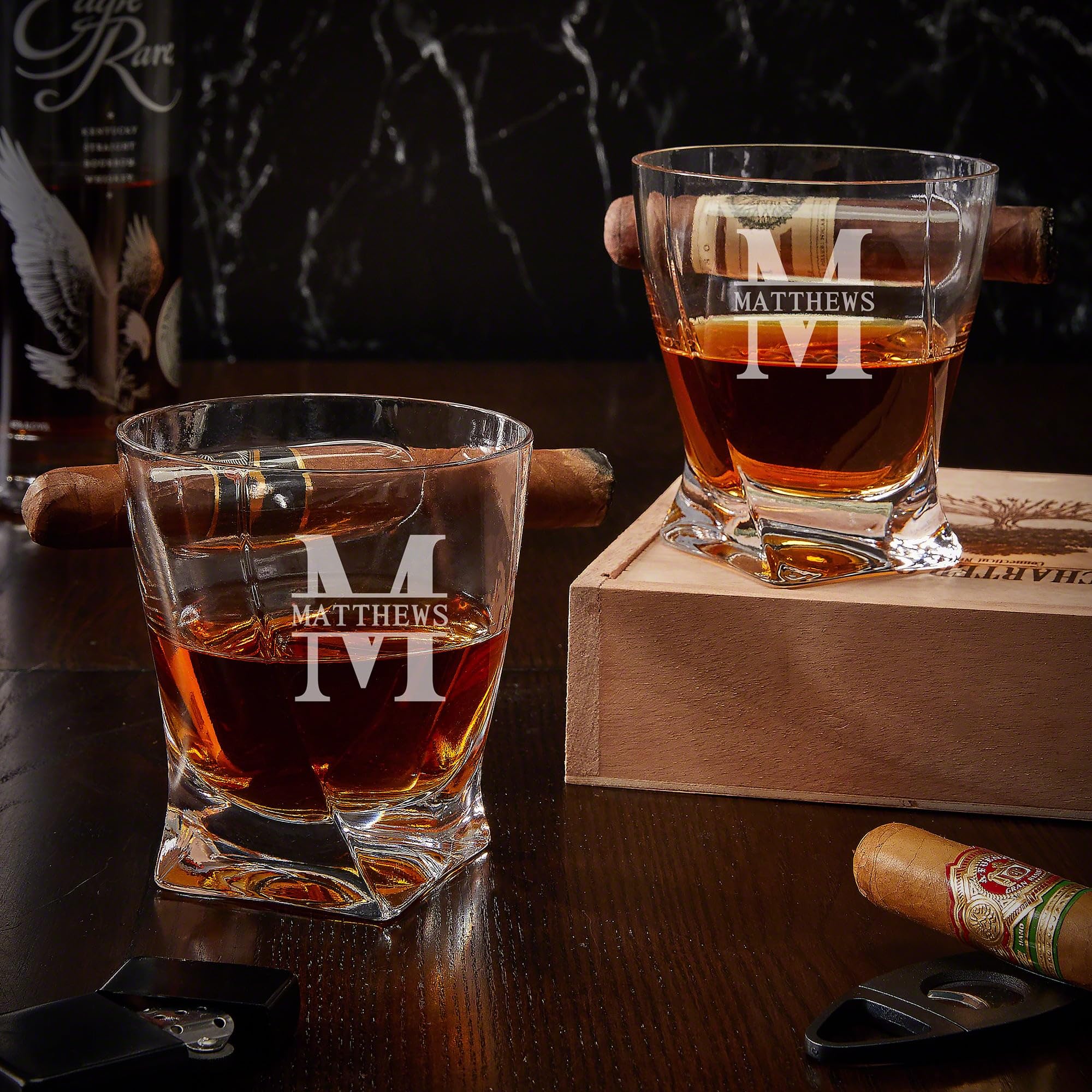 Premium Custom Engraved Twist Cigar Glasses with Spanish Cedar Humidor Set - Perfect for Whiskey & Cigar Lovers, Gifts for Men, Home Bar Accessories