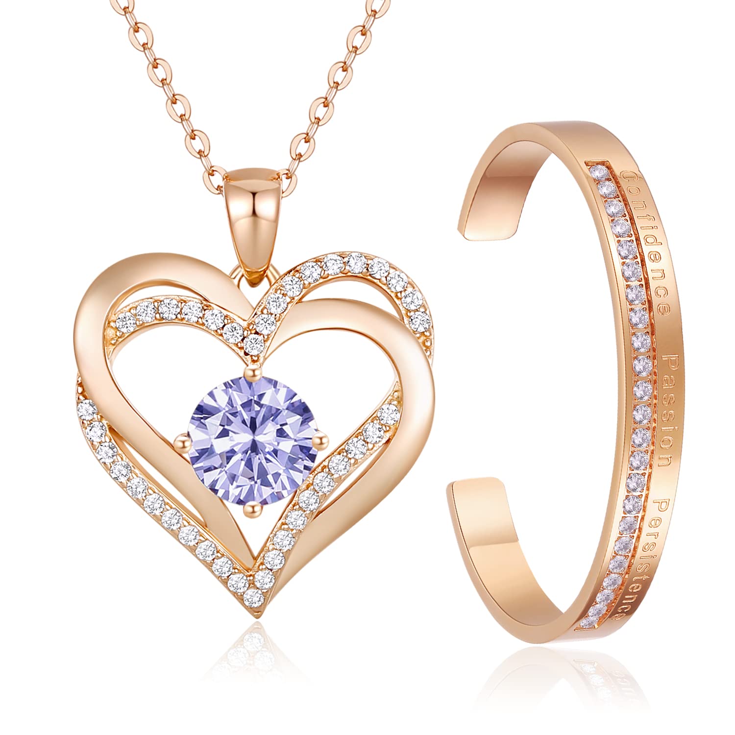 LOUISA SECRET Women's Birthstone Jewelry Set - Heart Pendant Necklace & Bangle Bracelet Gift for Her | Birthday, Christmas, Anniversary Present | Perfect for Girlfriend, Wife, Mother's Day Gifts