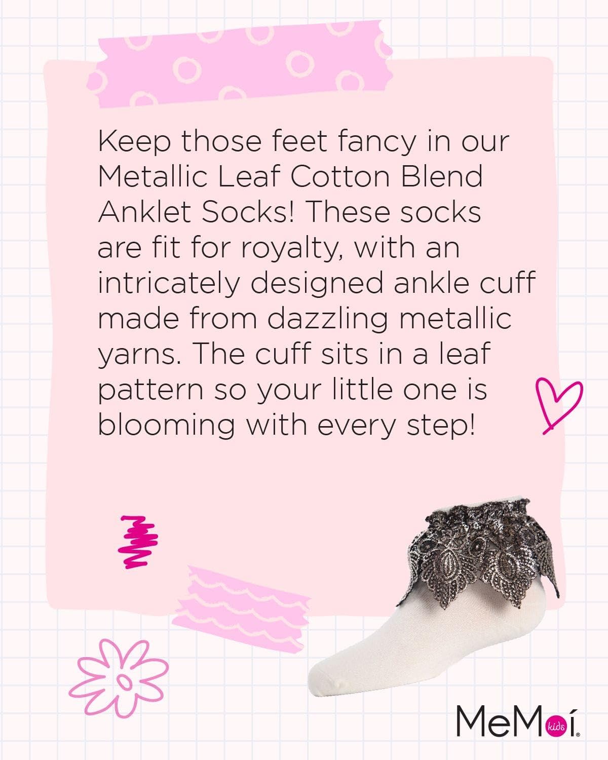 MeMoi Metallic Leaf Girls Cotton Blend Anklet Socks - Cute & Comfortable for School, Play & Everyday Wear
