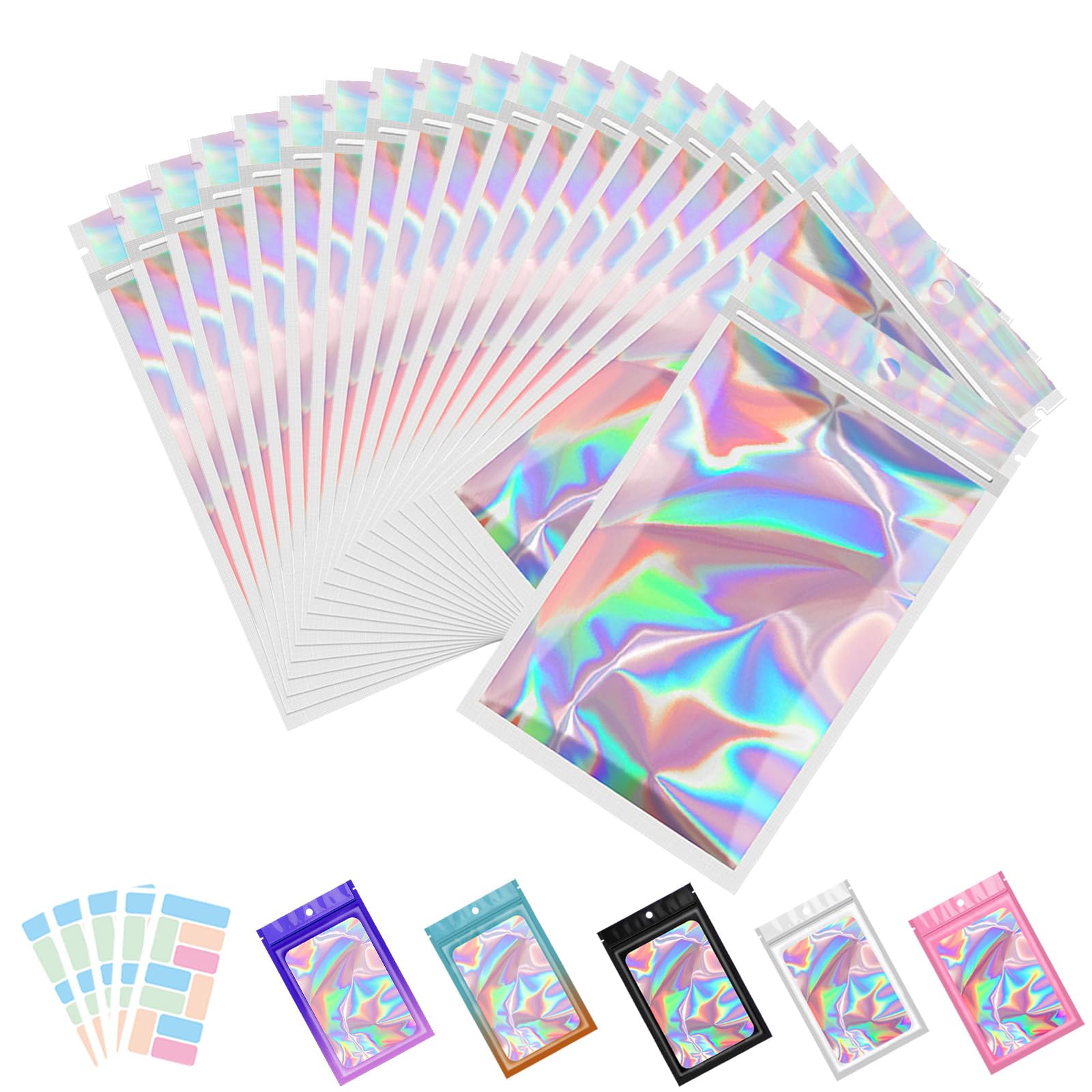 100 Pcs Holographic Resealable Bags with Clear Window - Smell Proof Mylar Bags for Jewelry, Candy & Gifts (2.4