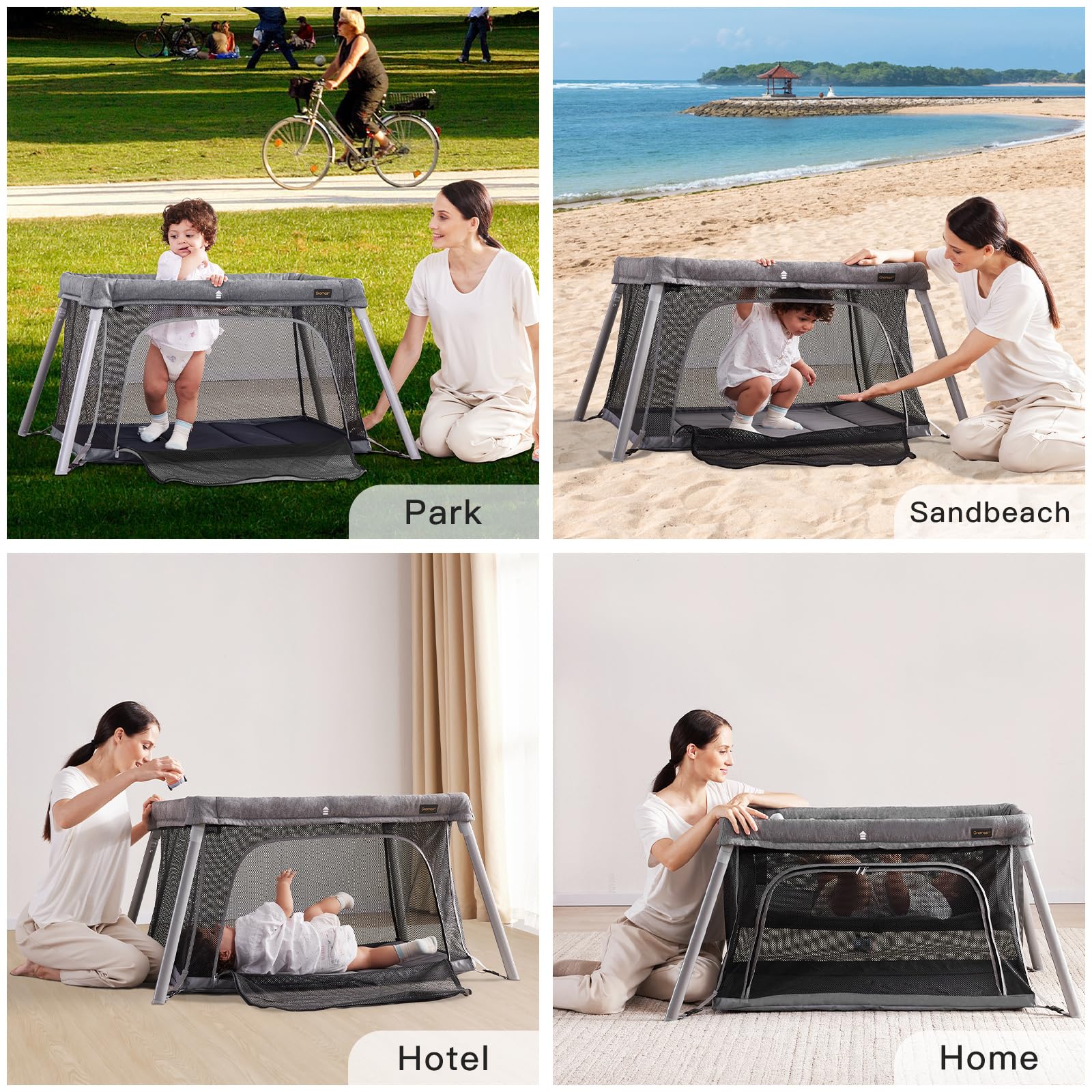 2 in 1 Portable Travel Crib & Playpen for Toddlers - Lightweight Foldable Baby Travel Bed with Soft Mattress for Indoor, Outdoor, Camping & Airplane Use (Grey)