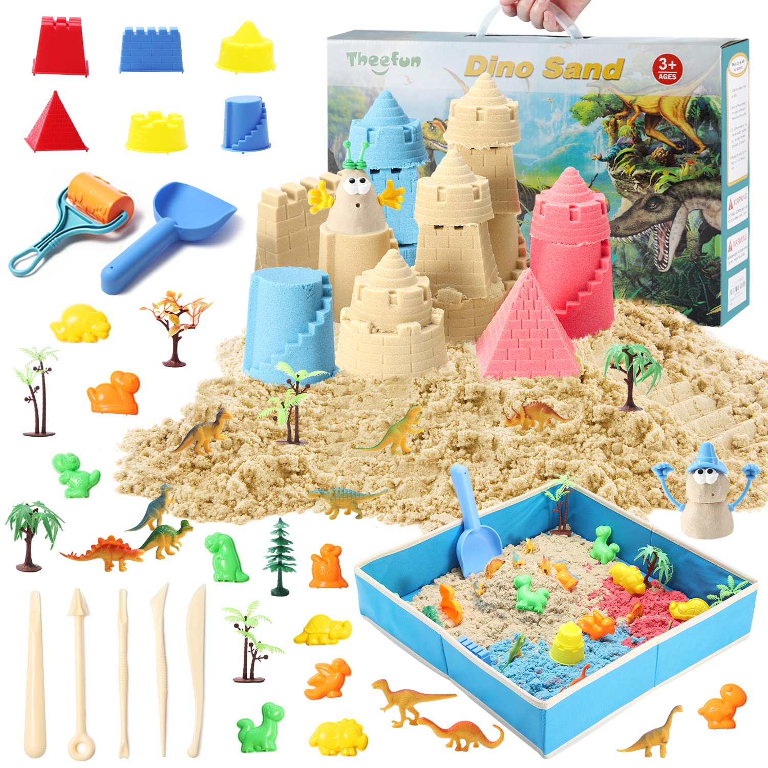 Theefun 46-Piece Sand Play Kit for Kids - 3lbs Beach Sand (3 Colors), Foldable Cloth Sandbox, Dinosaur Figures & Castle Molds - Sensory Toys for Boys & Girls - Perfect for Beach, Backyard & Indoor Playtime