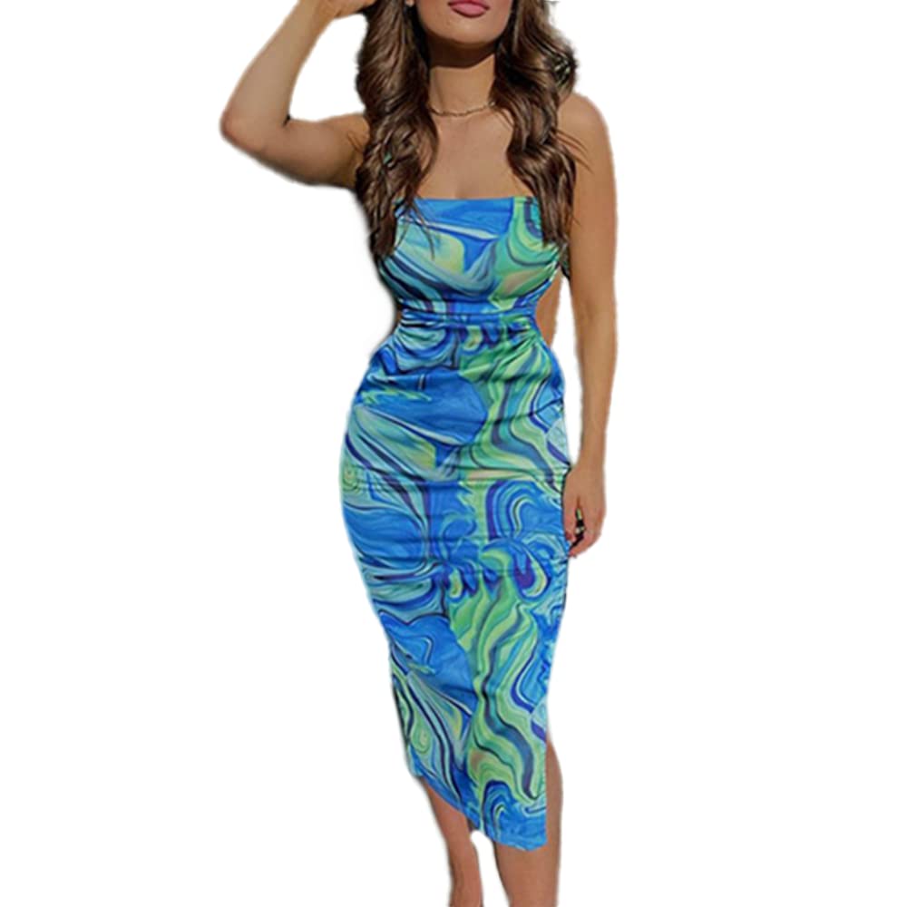 Sexy Floral Ruched Bodycon Dress for Women - Spaghetti Strap Sleeveless Midi Party Club Dress | Perfect for Night Out, Date Night & Special Occasions