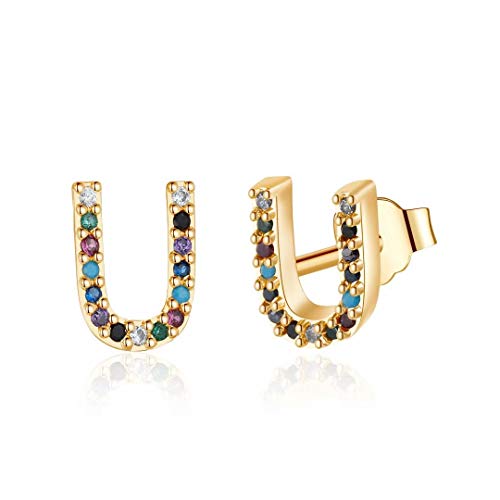 Hypoallergenic 925 Sterling Silver Initial Stud Earrings for Women & Girls - Gold Plated Rainbow Cubic Zirconia Letter Jewelry - Perfect for Birthdays, Graduation Gifts & Everyday Wear