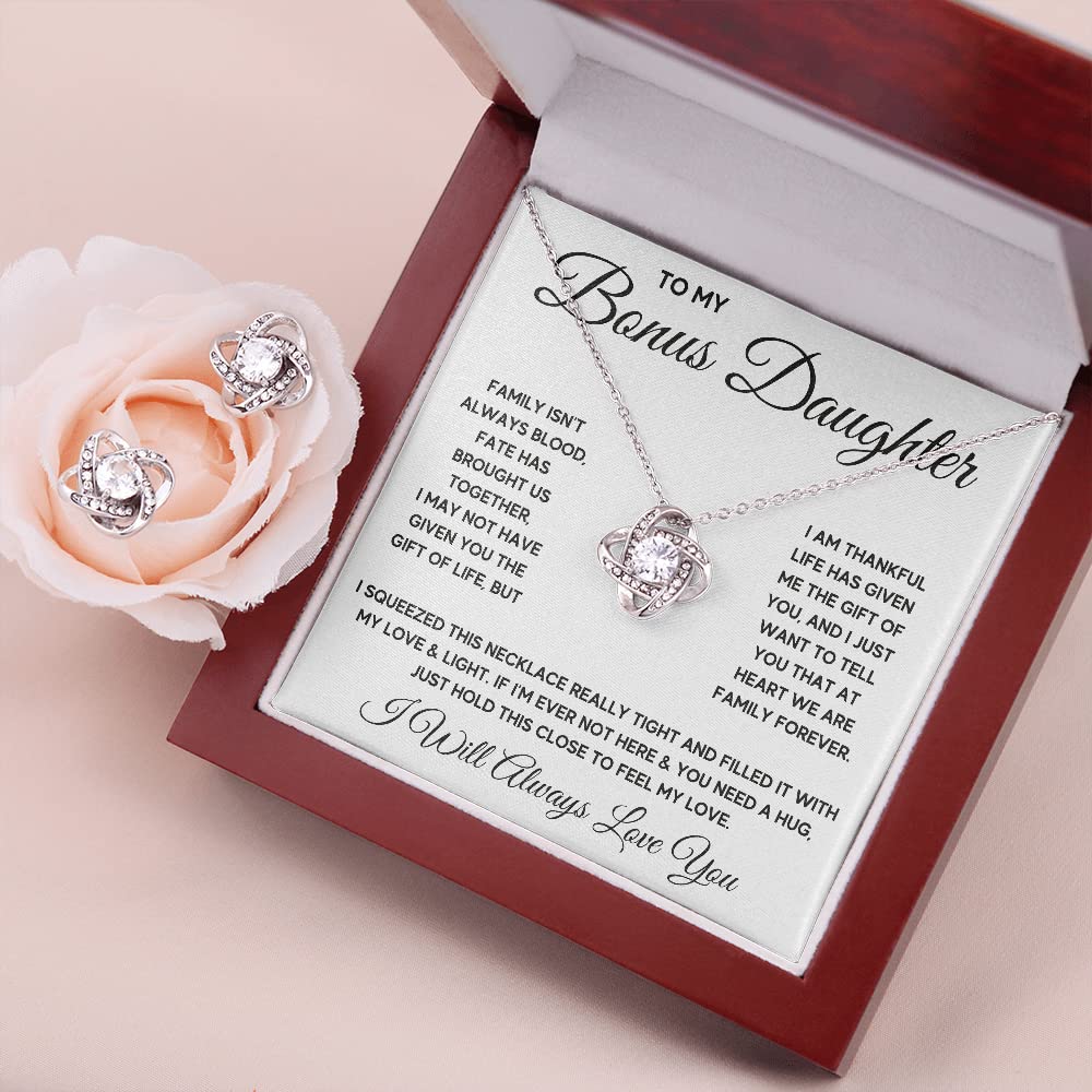 OC9 Sterling Silver Daughter Necklace - Inspirational Birthday, Graduation & Christmas Gift for Stepdaughter, Goddaughter - Includes Engraved Message Card & LED Jewelry Box (Earrings & Knot Charm) - Perfect for Special Occasions & Heartfelt Moments