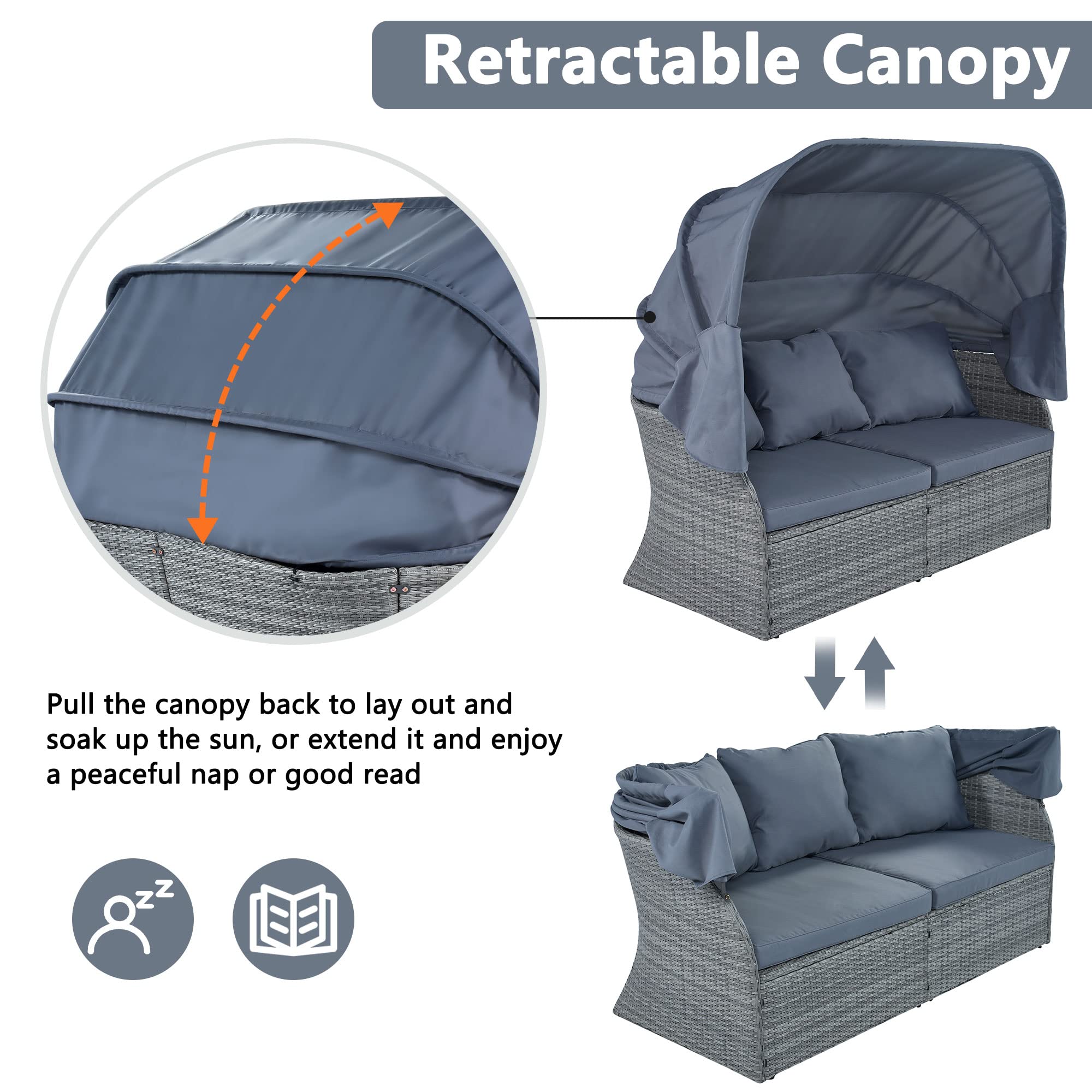 Polibi Patio Sunbed with Retractable Canopy - Rattan Wicker Outdoor Furniture Set with Soft Cushions - Daybed Sofa Conversation Set for Backyard, Garden, Poolside & Patio - Grey Weather-Resistant Cushions - Perfect for Relaxing, Sunbathing & Outdoor Entertaining