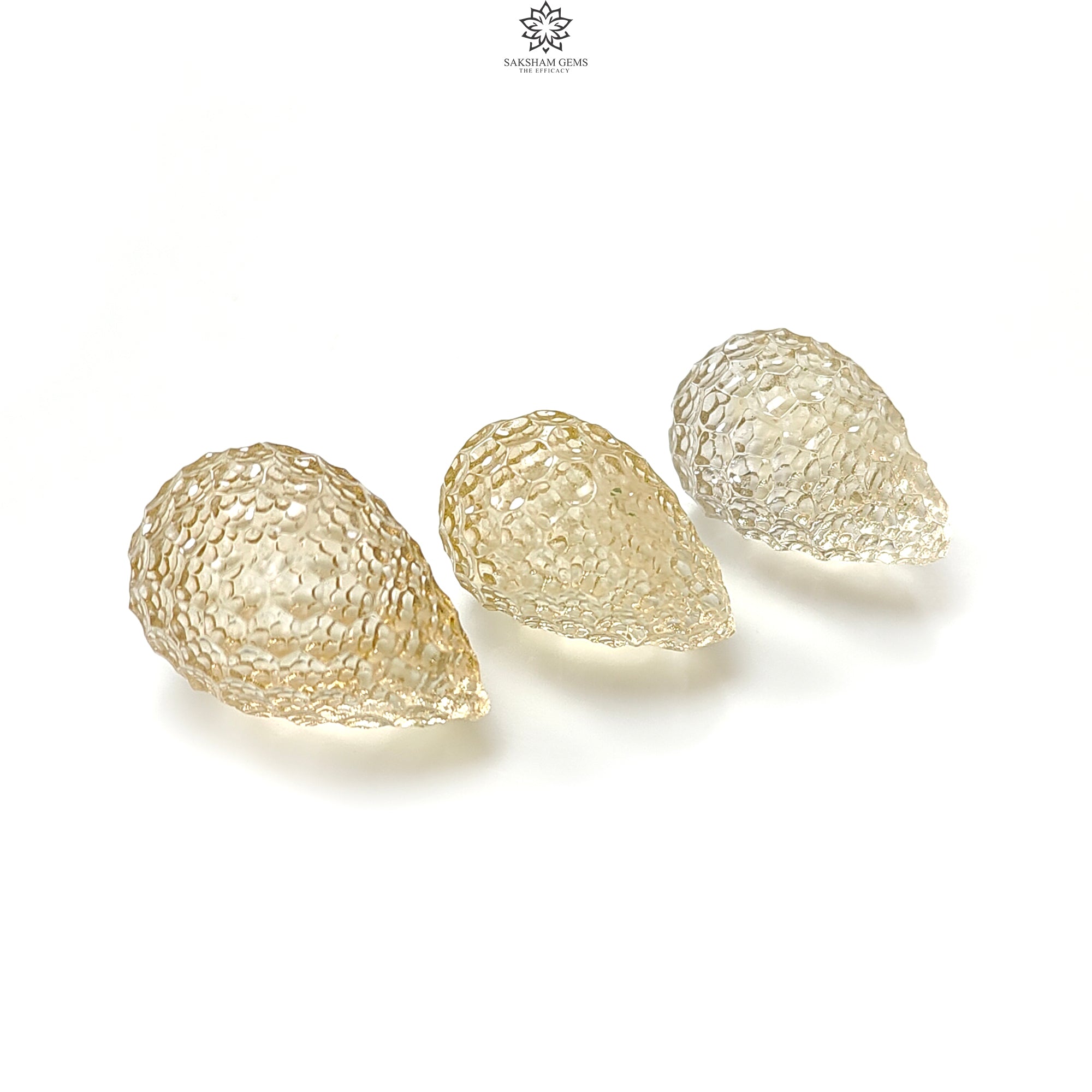 Natural Untreated Yellow Citrine Gemstone Carving - 66.90cts Hand Carved Teardrop Shape 20mm x 23mm (3pcs Set) | November Birthstone Jewelry Making Supplies for Necklaces, Earrings & DIY Crafts