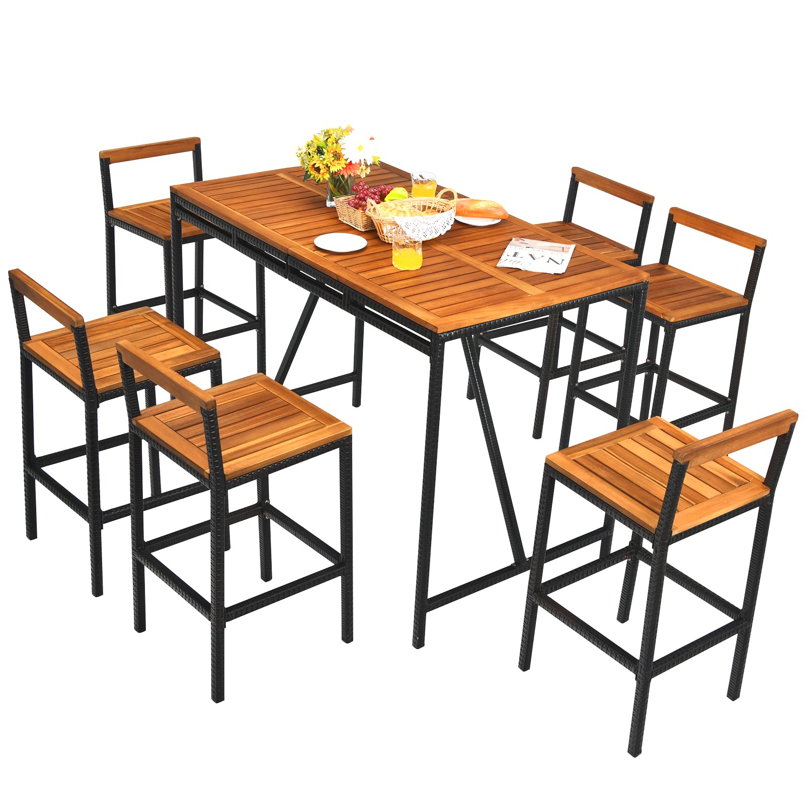 Tangkula 7-Piece Outdoor Dining Set - Acacia Wood Rectangular Table with Umbrella Hole & 6 Rattan Bar Stools - Patio, Backyard, Garden Conversation Set for Outdoor Entertaining and Relaxation