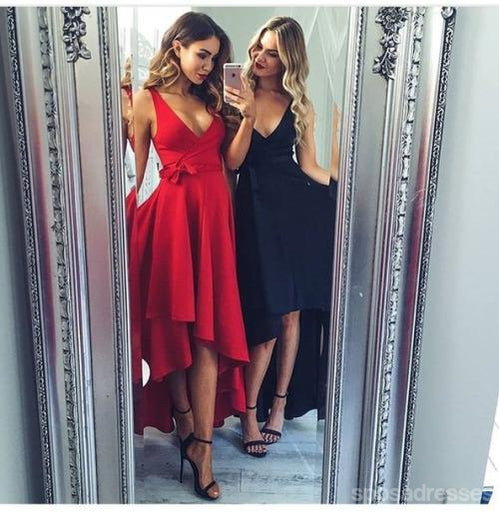 Elegant High Low V Neck Short Red Homecoming Dress - Affordable & Stylish Prom Gown for Women | Perfect for Dances, Parties & Special Occasions