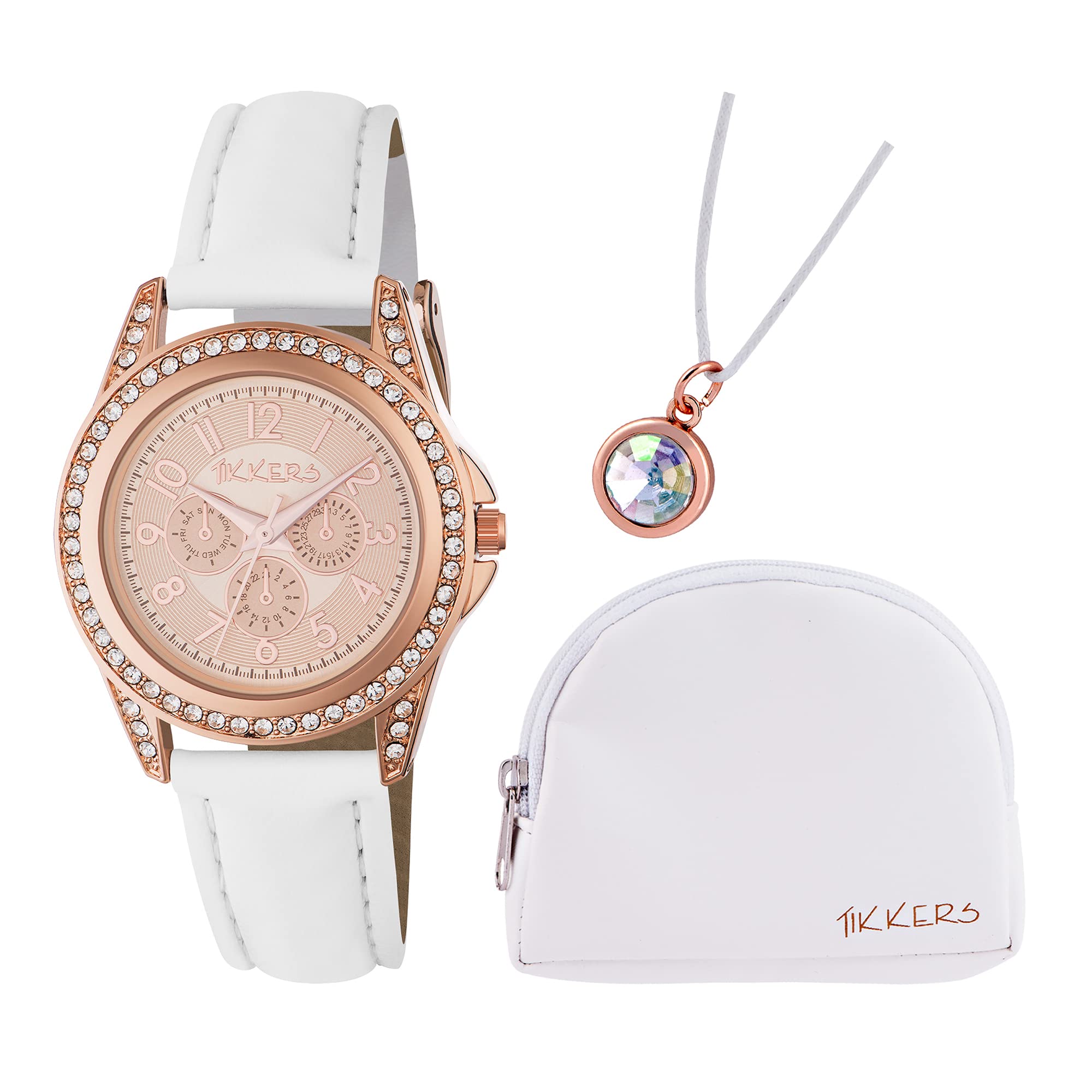 Tikkers Rose Gold Women's Watch with White Leather Strap - Elegant Designer Style for Everyday Wear & Special Occasions