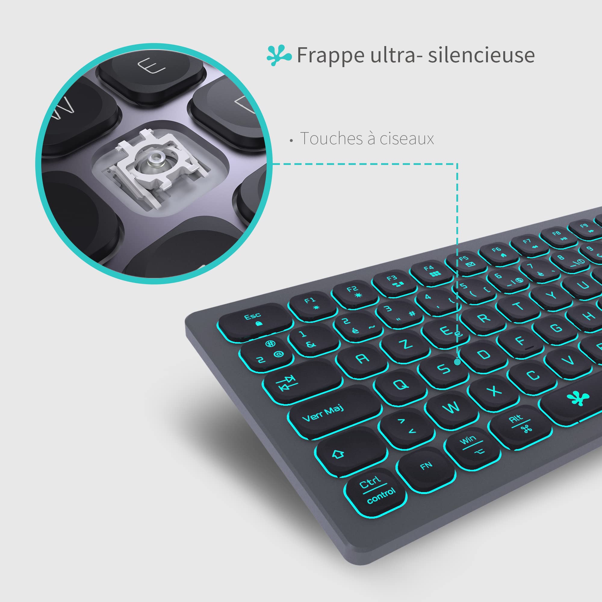 B.FRIENDIT Slim Wired Backlit Keyboard with Aluminum Case, Numeric Keypad & RGB Lighting - USB Mechanical Keyboard for iMac, MacBook, Windows PC (AZERTY Layout, Grey) - Perfect for Gaming, Office Work & Typing