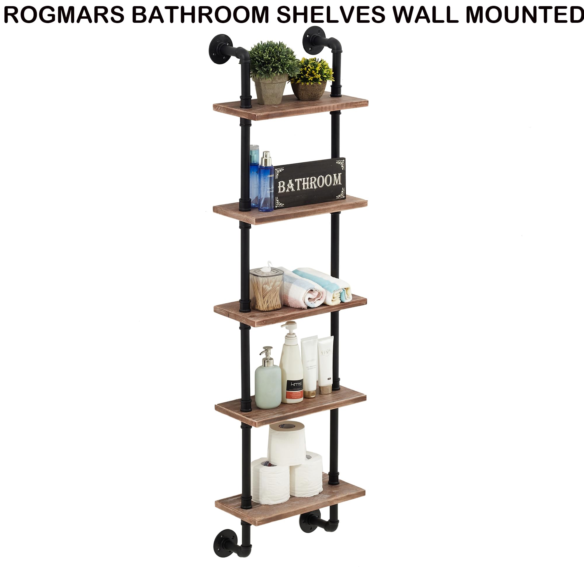 ROGMARS 15 Inch 5-Tier Industrial Pipe Shelves - Rustic Wood Ladder Bookshelf, Wall Mounted Floating Shelf for Living Room Decor & Storage | Perfect for Home Office, Bedroom, and Displaying Plants, Books, Photos