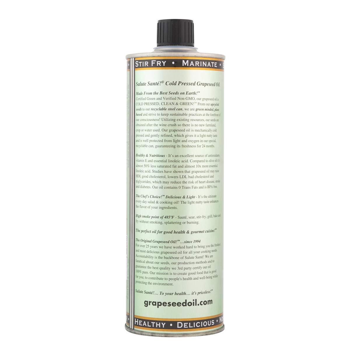 Salute Sante Cold Pressed Grapeseed Oil - 6 Pack (500ml Each) | Non-GMO, Kosher Certified, Vegan Cooking Oil for High Heat & Healthy Recipes | Perfect for Salad Dressings, Marinades, Dips & Baking | Ideal for Mediterranean Dishes, Stir-Fries & Homemade Sauces
