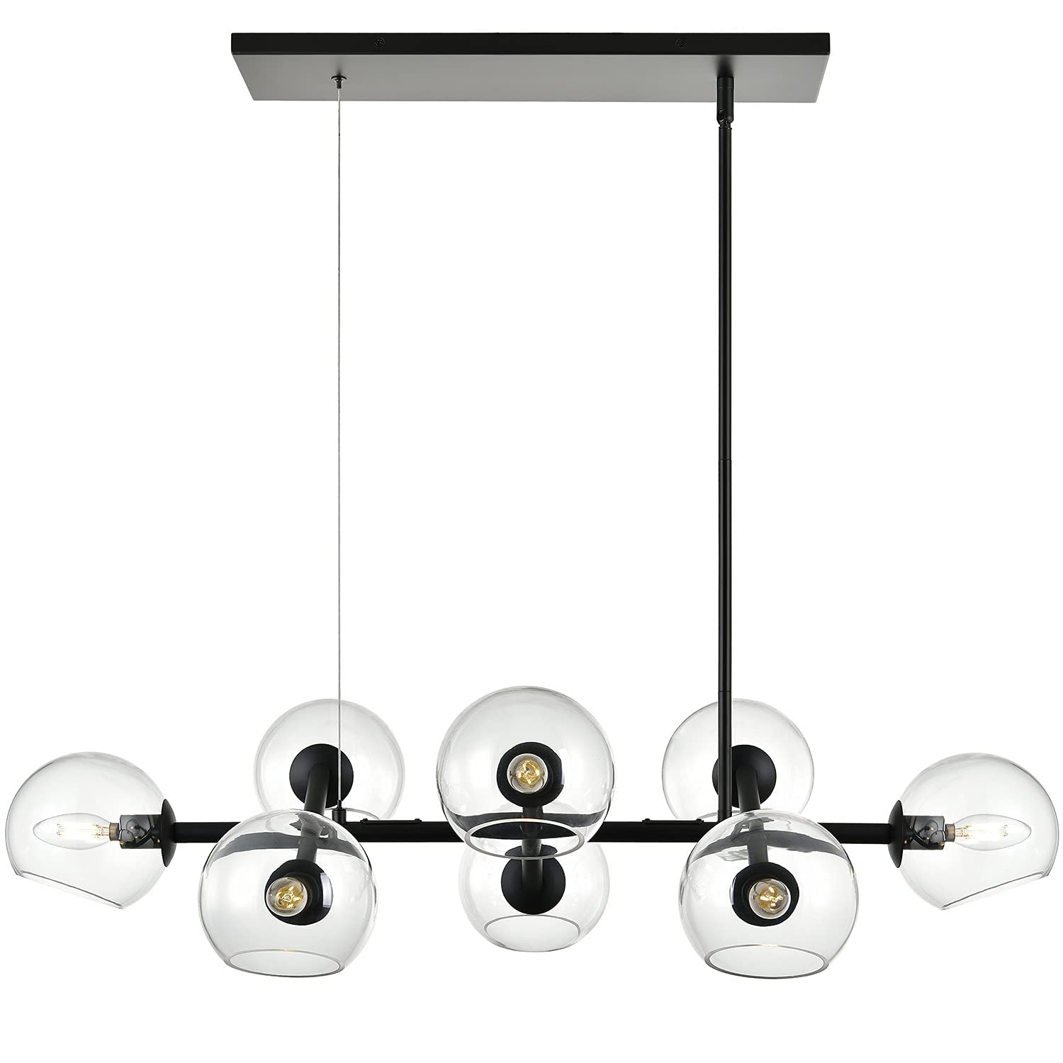 8-Light Black Modern Linear Chandelier - Rectangular Farmhouse Dining Room Light Fixture with Clear Glass Globes, UL Listed - Perfect for Kitchen Islands, Dining Tables & Contemporary Spaces