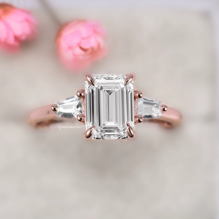 Emerald Cut Moissanite Engagement Ring 14K Solid Rose Gold - Elegant Wedding Jewelry for Brides & Proposals