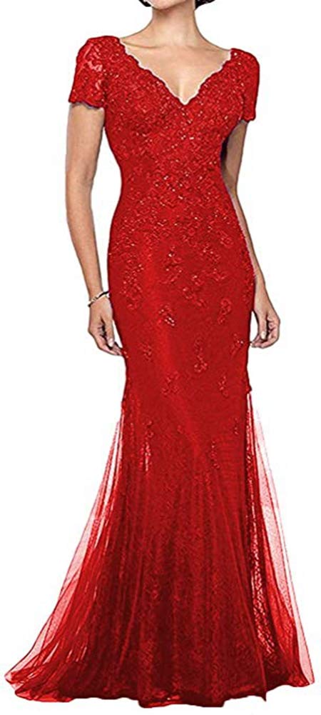 Elegant V-Neck Lace Mermaid Mother of The Bride Dress with Cap Sleeves - Formal Wedding Guest Gown for Women - Perfect for Weddings, Receptions & Special Occasions