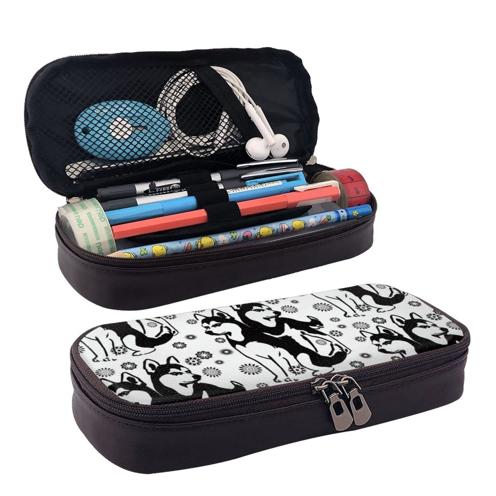 Large Capacity PU Leather Pencil Case with Siberian Husky & Snowflake Design - School Supplies Organizer for Pens, Markers, Stationery - Perfect for Middle School, High School, College Students & Office Use - Great Back to School Gift Idea
