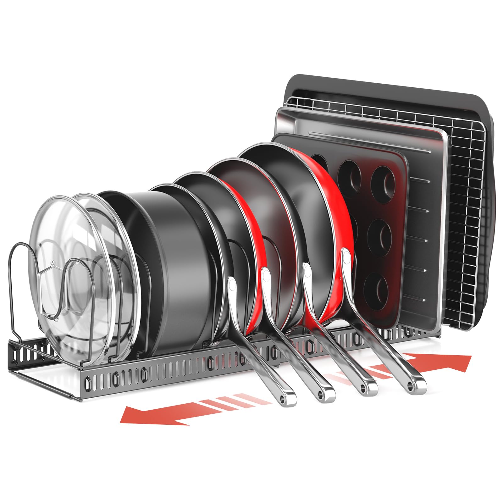 ORDORA Pots and Pans Organizer - Under Cabinet Storage Rack, 11.8'' to 22.8'' Extendable with 12 Adjustable Dividers, Kitchen Cabinet Organizer for Pots, Pans, Lids - Perfect for Small Kitchens, RV, Apartment & Dorm Organization