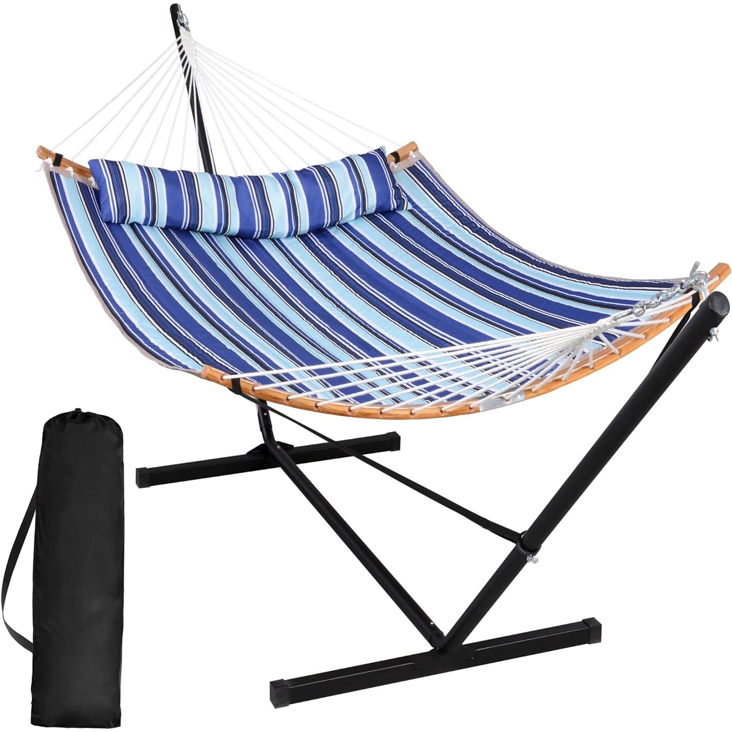 SUNCREAT Double Hammock with Stand - Portable Outdoor Hammock Set Includes Large Pillow (Blue Stripes) - Perfect for Backyard, Camping & Beach Relaxation