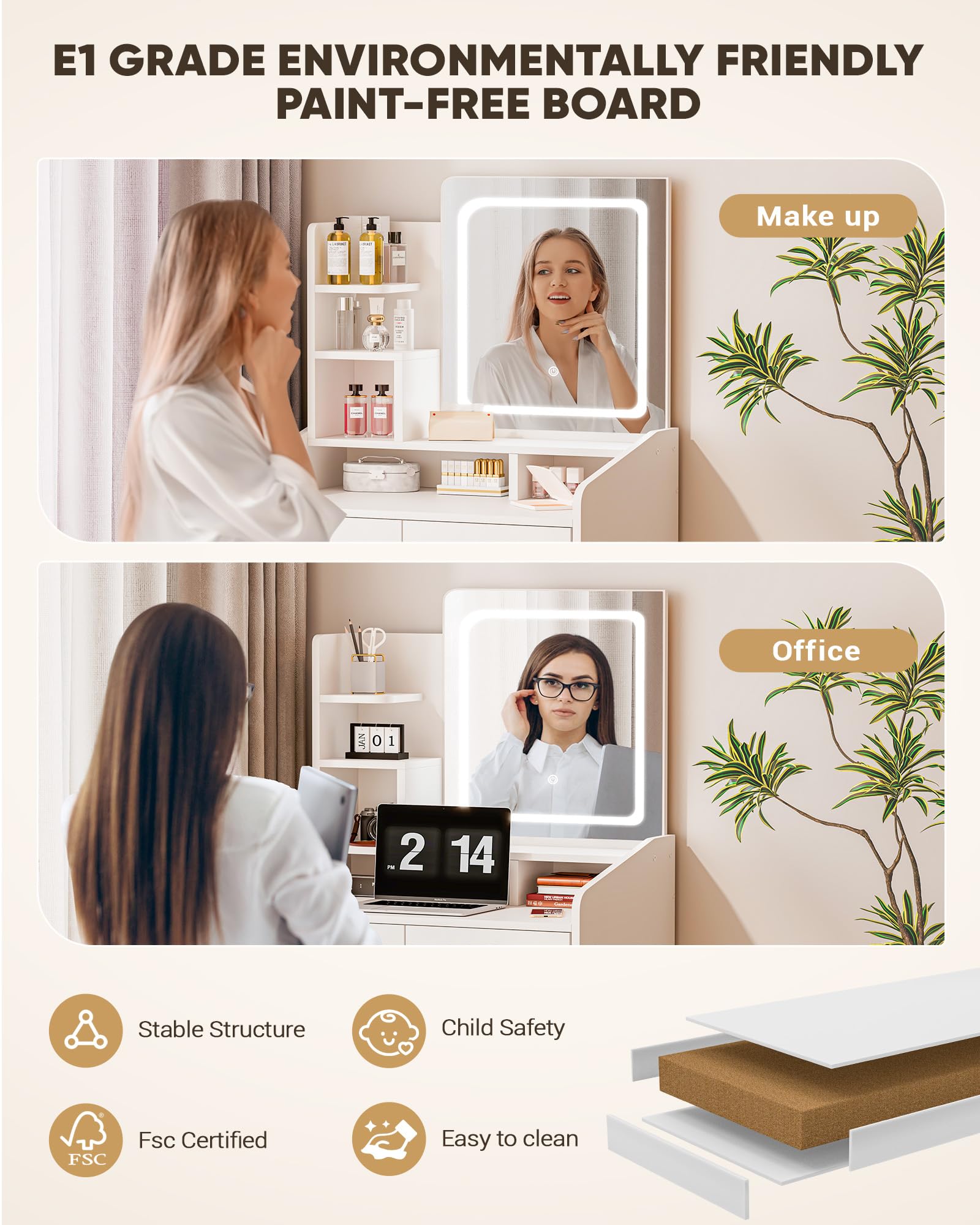 Elegant White Vanity Desk Set with Square Mirror & LED Lights, 3 Drawers for Makeup & Jewelry Organization - Perfect for Bedroom, Dressing Room & Beauty Salon