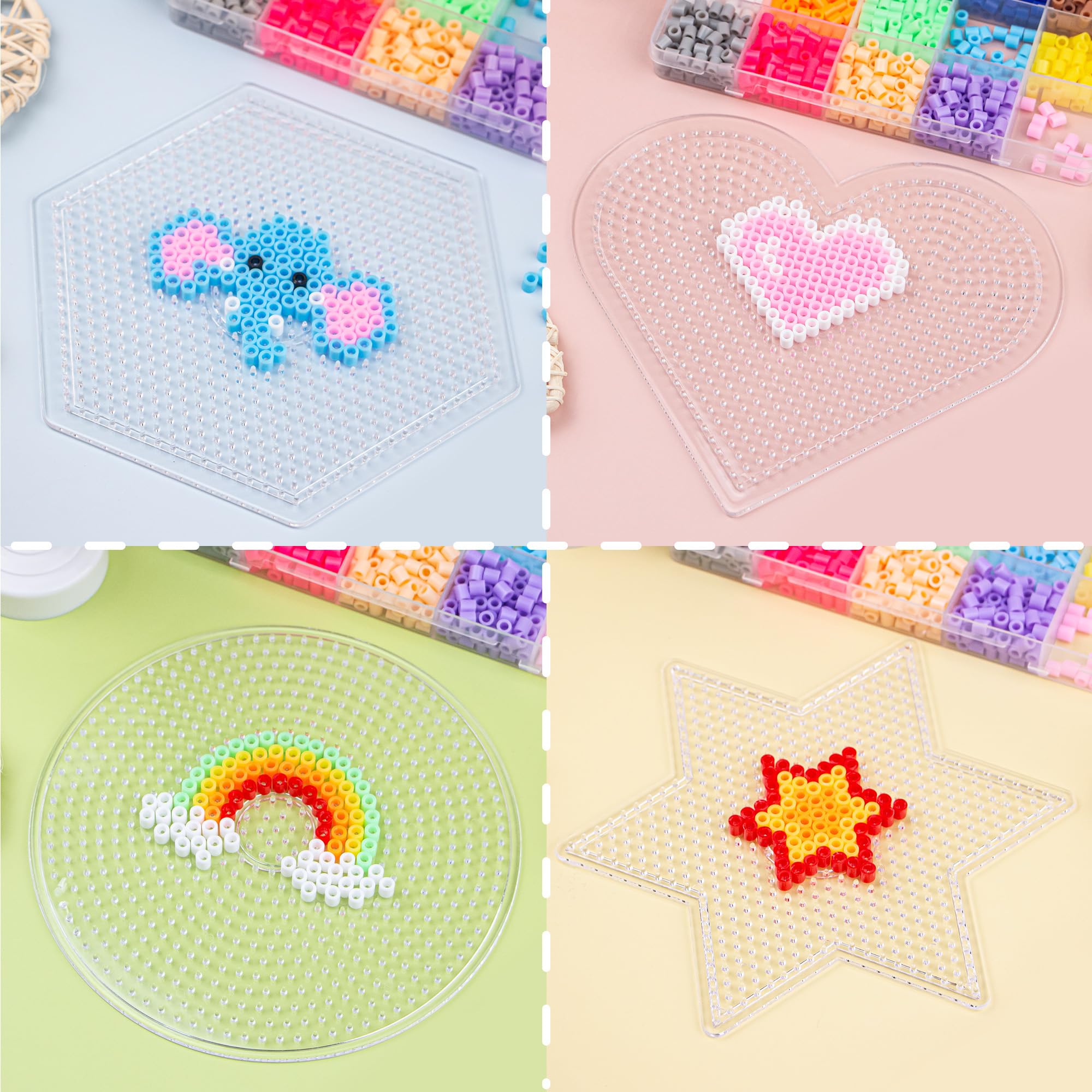 4PCS 5mm Fuse Beads Boards - Large Clear Pegboard Kits with Hexagram Design for Kids Arts & Crafts - Perfect for DIY Jewelry, Keychains and Home Decor Projects